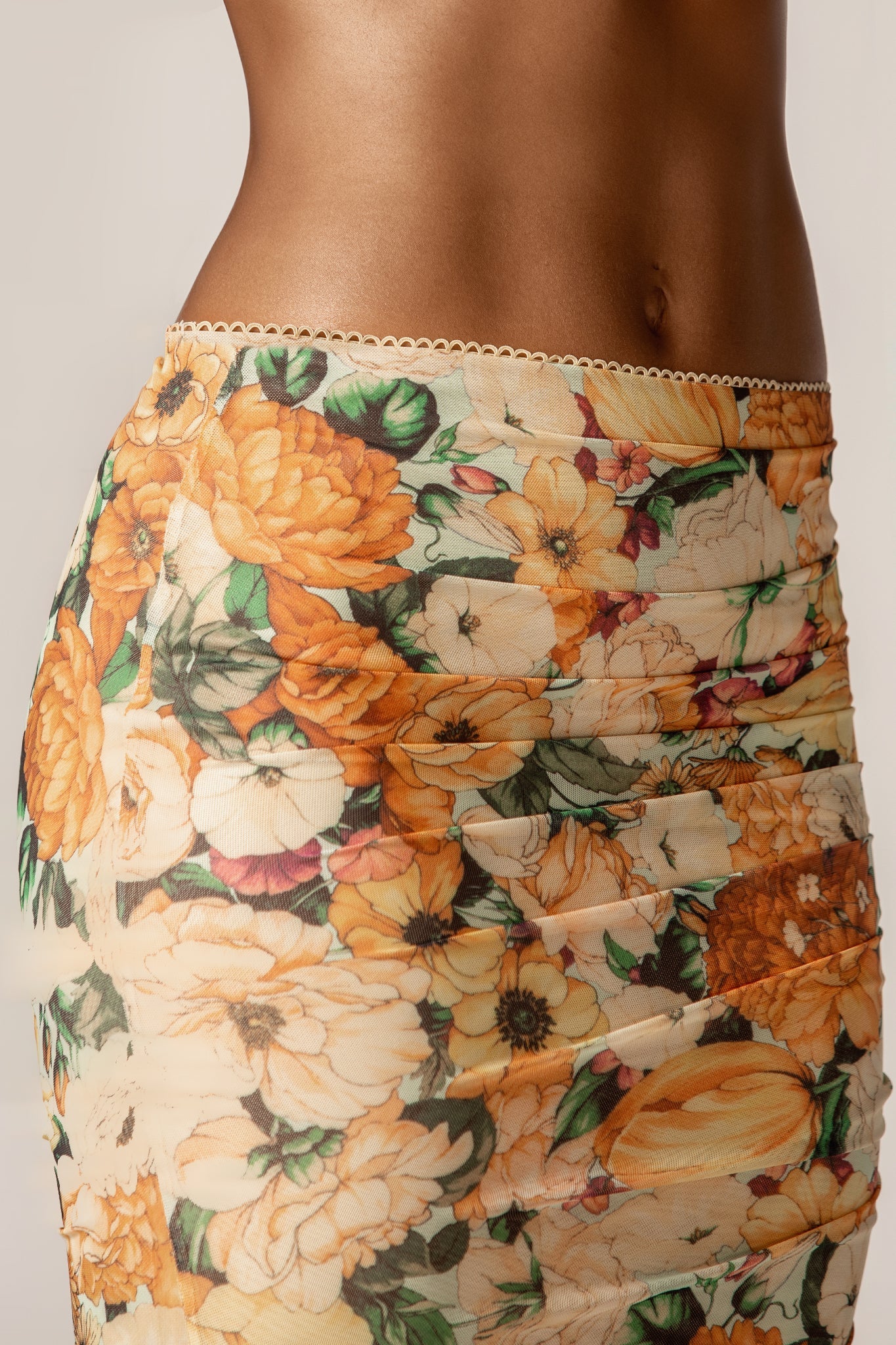 Jenna Ruched Mesh Maxi Skirt (Sunburst Floral Print)