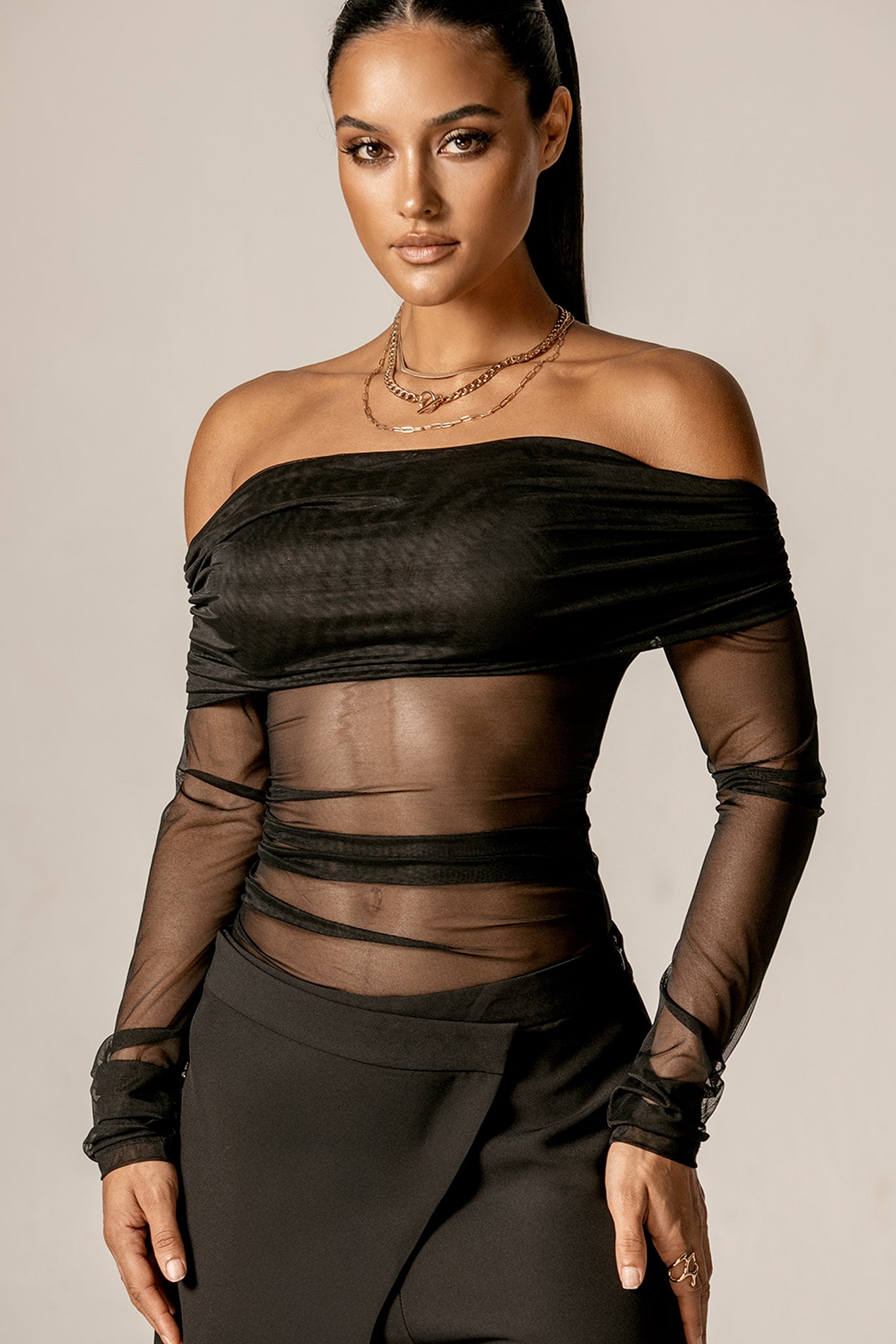 Regina Off-Shoulder Mesh Top (Black)