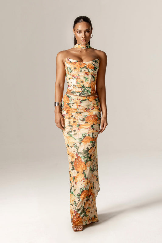 Elsa Ruched Mesh Corset with neck scarf (Sunburst Floral Print)