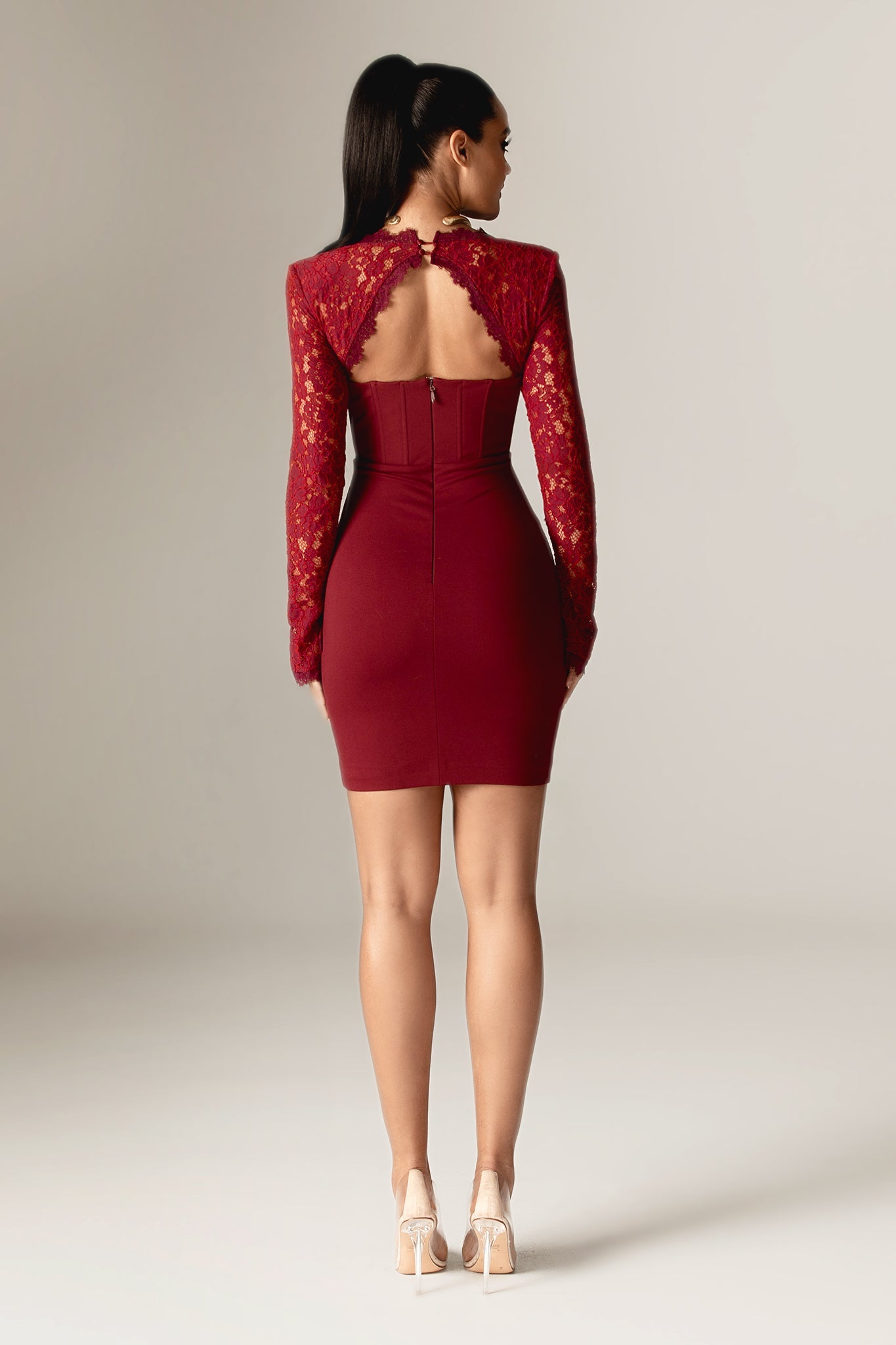 Elba Guipure Lace Corset Mini Dress (Maroon)
