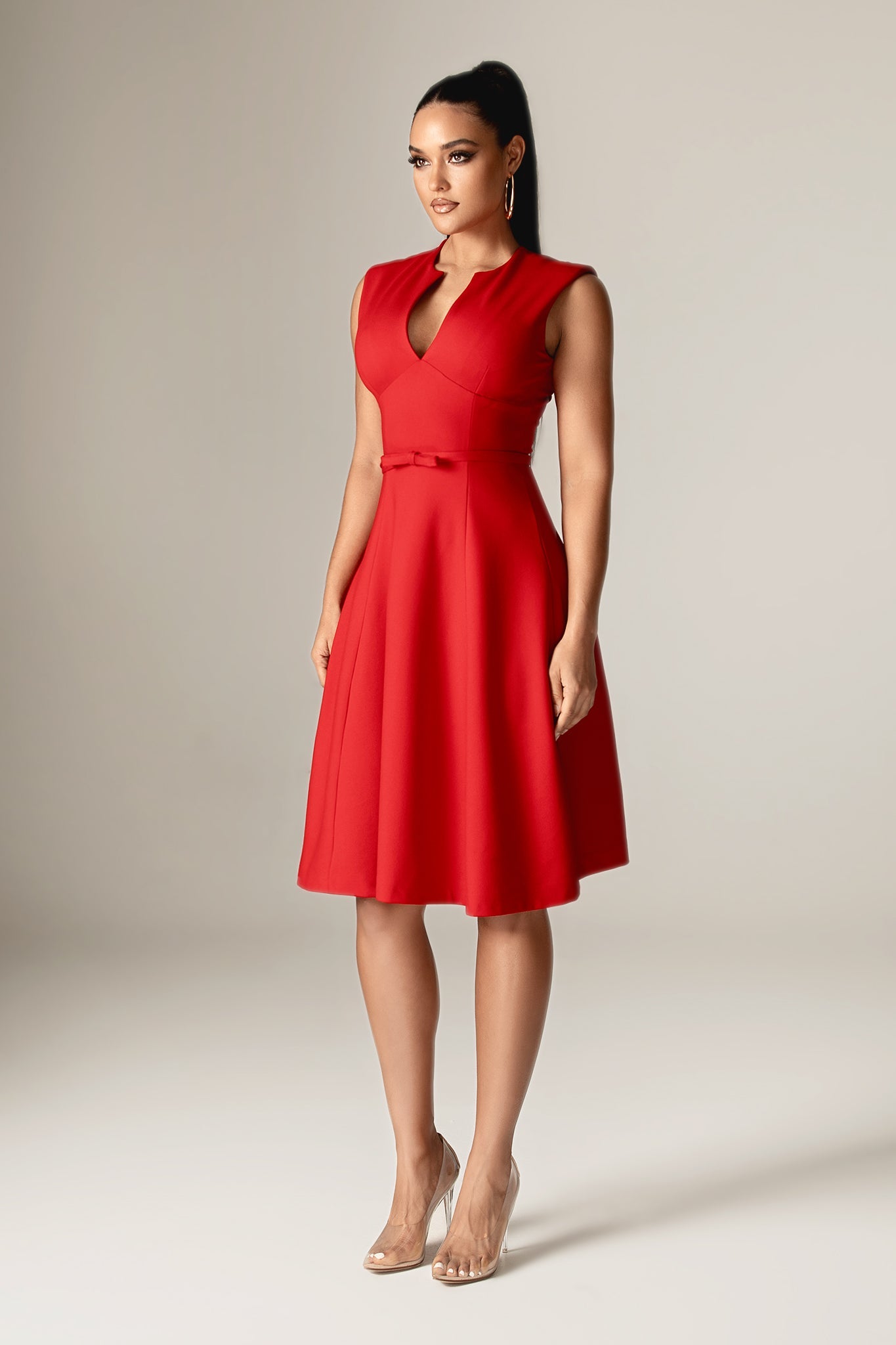 Leslie Italian Ponte Belted Midi Dress (Red)