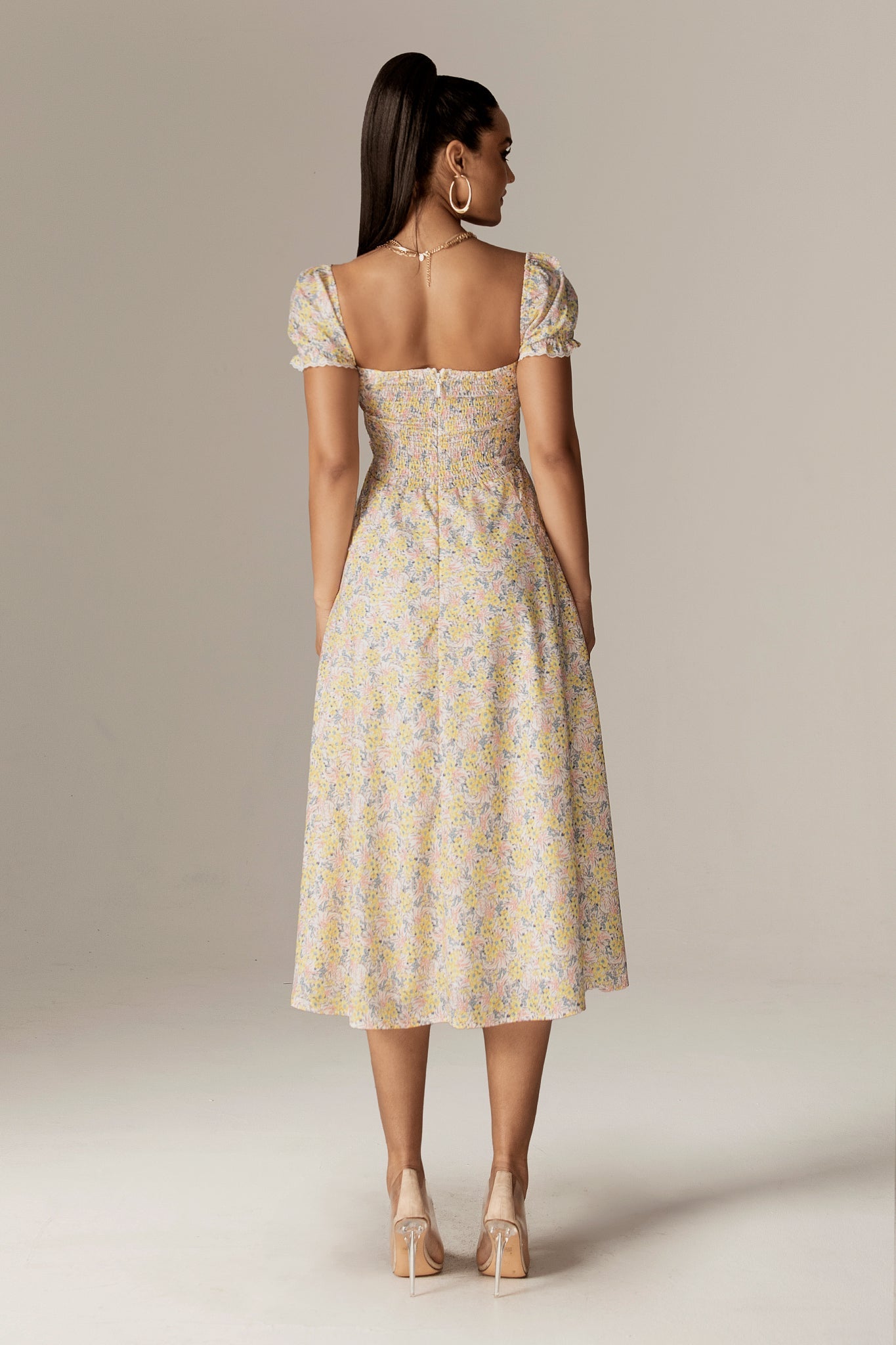 Kentra Sweetheart Puff Sleeves Midi Sundress (English Garden)
