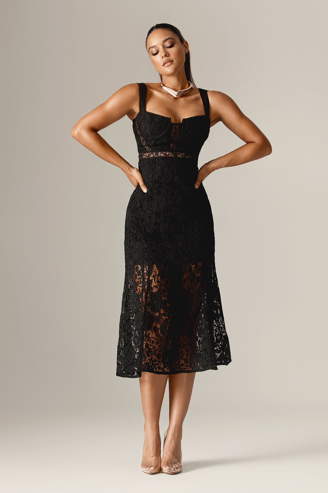 Harley Straps Lace Guipure Midi Dress (Black)