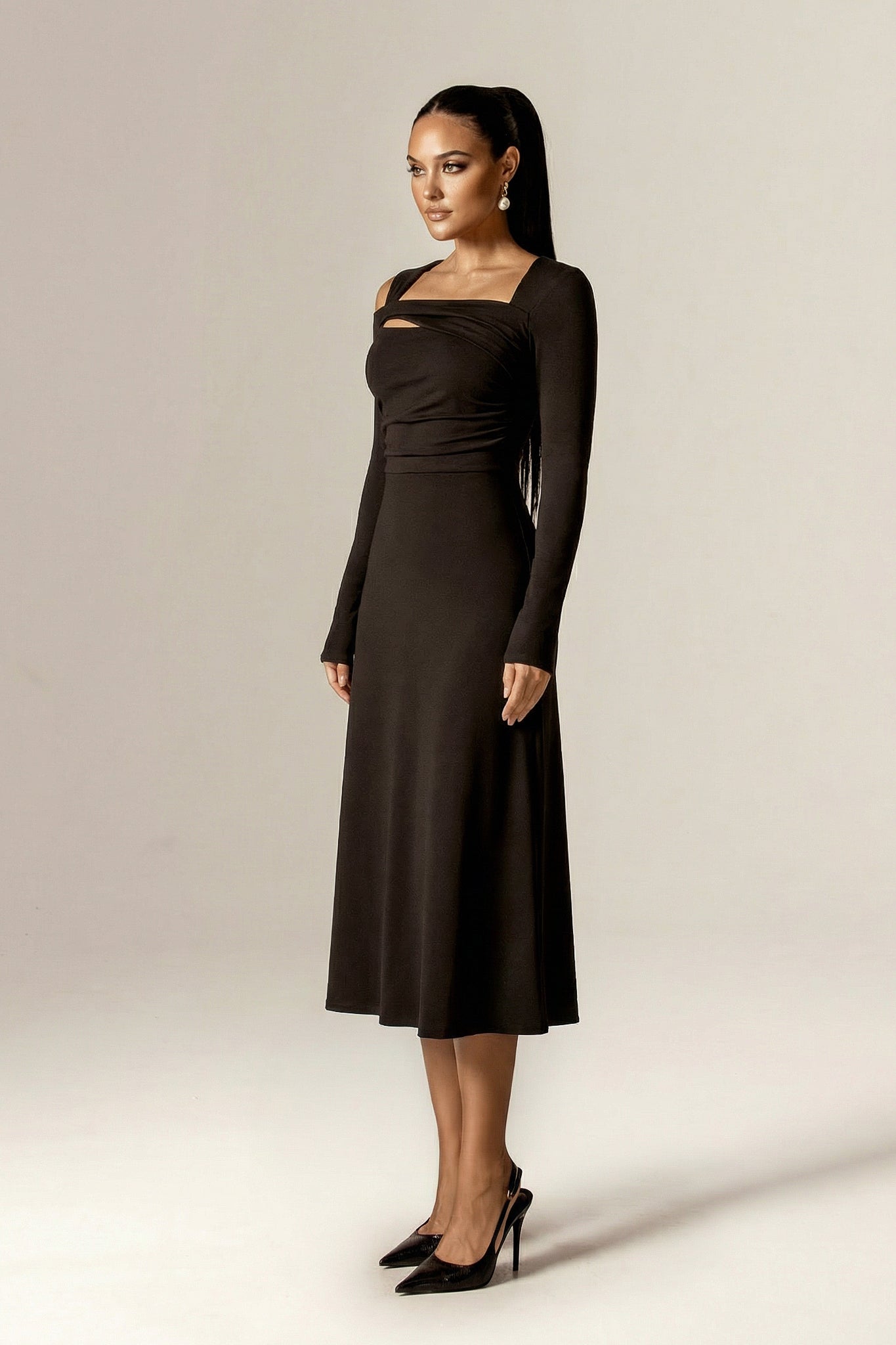 Deborah Asymmetric Cut-Out Ponte Midi Dress (Black)