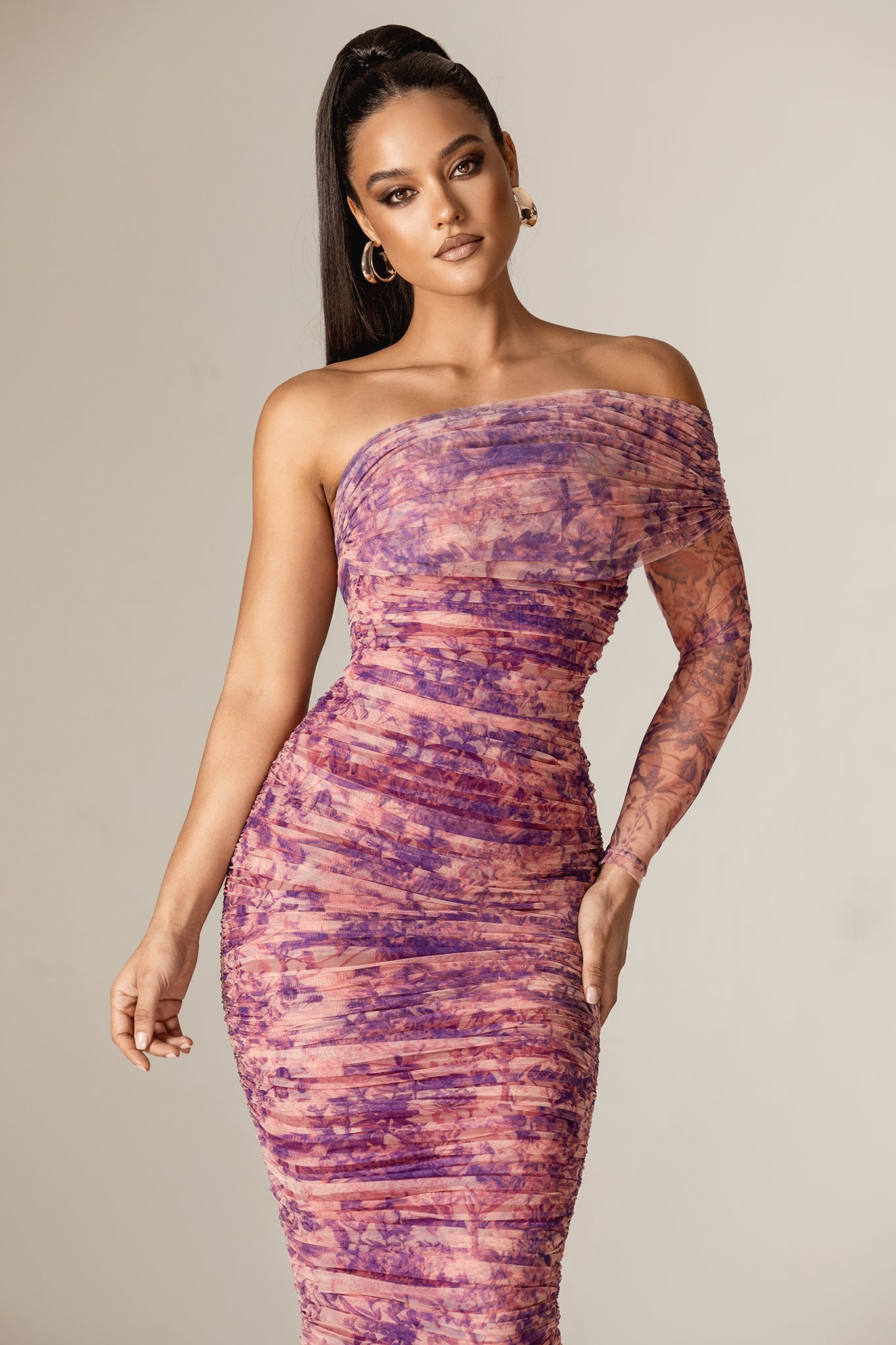 Heather One-Shoulder Mesh Midi Dress (Floral Abstract)