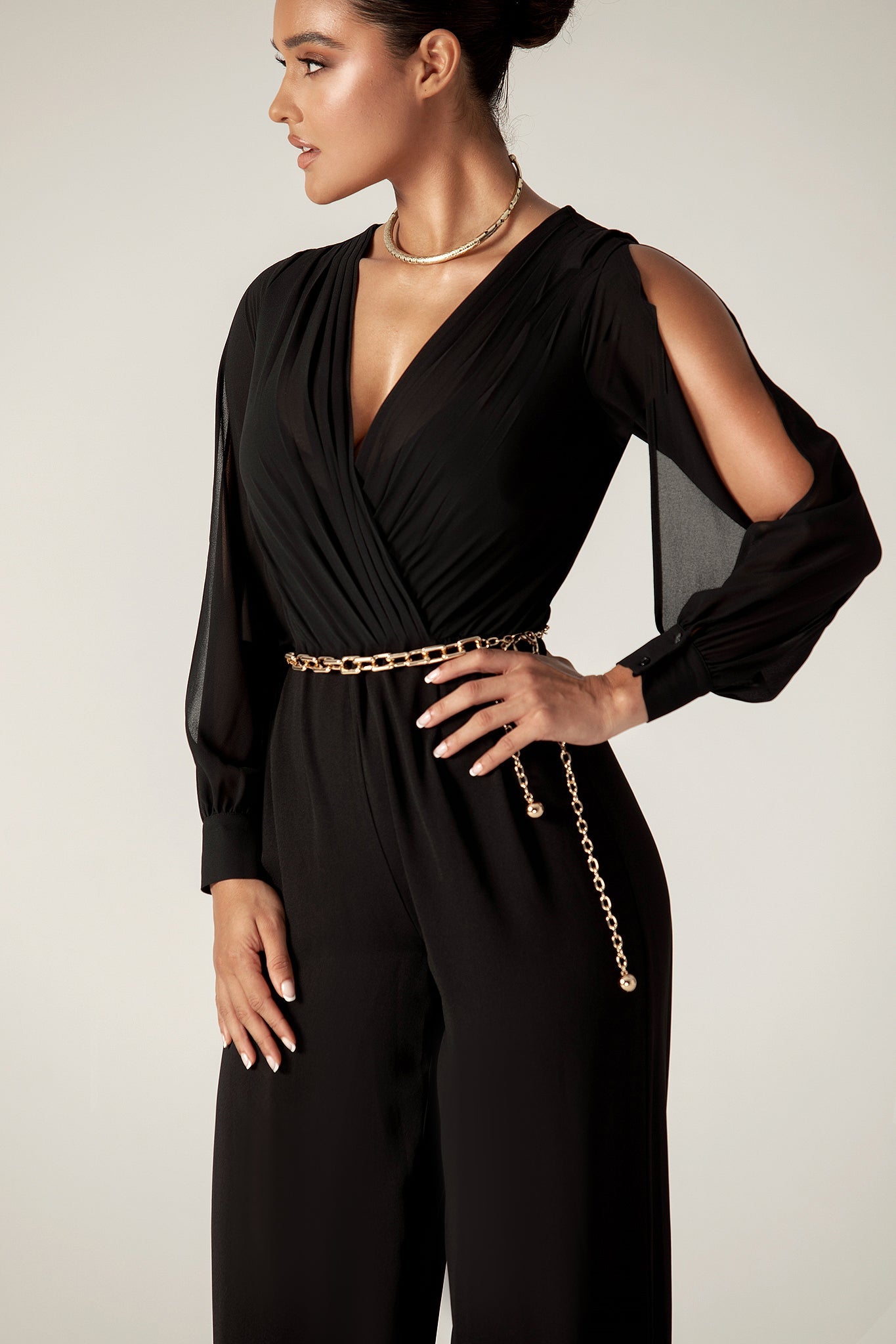 Serah Crepe Slit Sleeves Jumpsuit (Black)