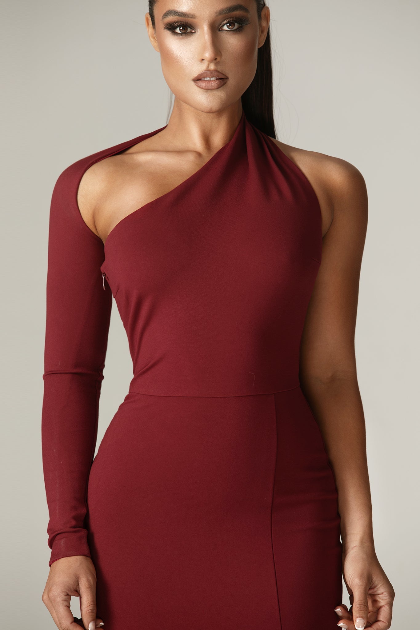 Lilux One Shoulder Modern Maxi Dress (Maroon)