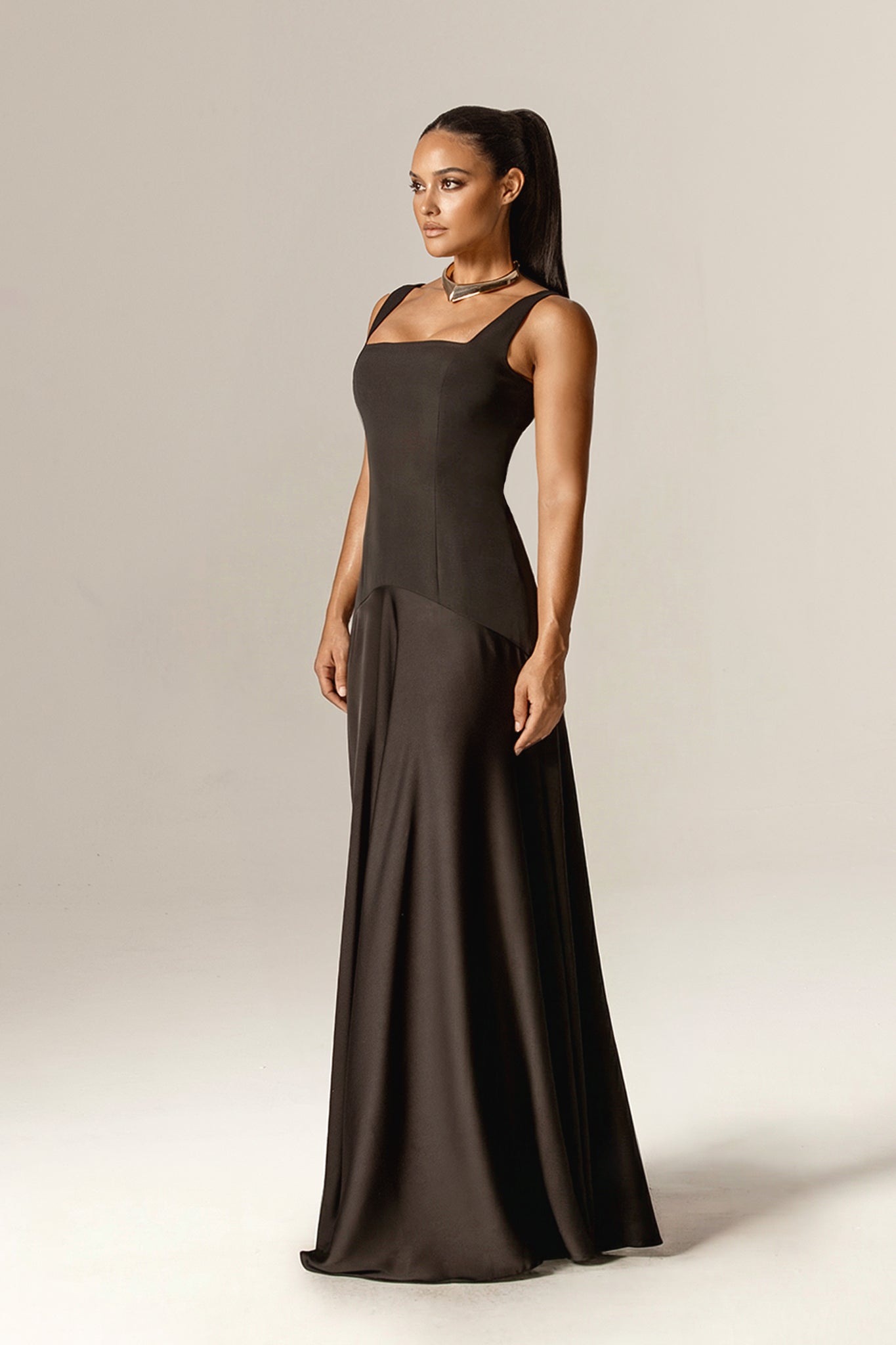 Beverly Square Neck Crepe Maxi Dress (Black)