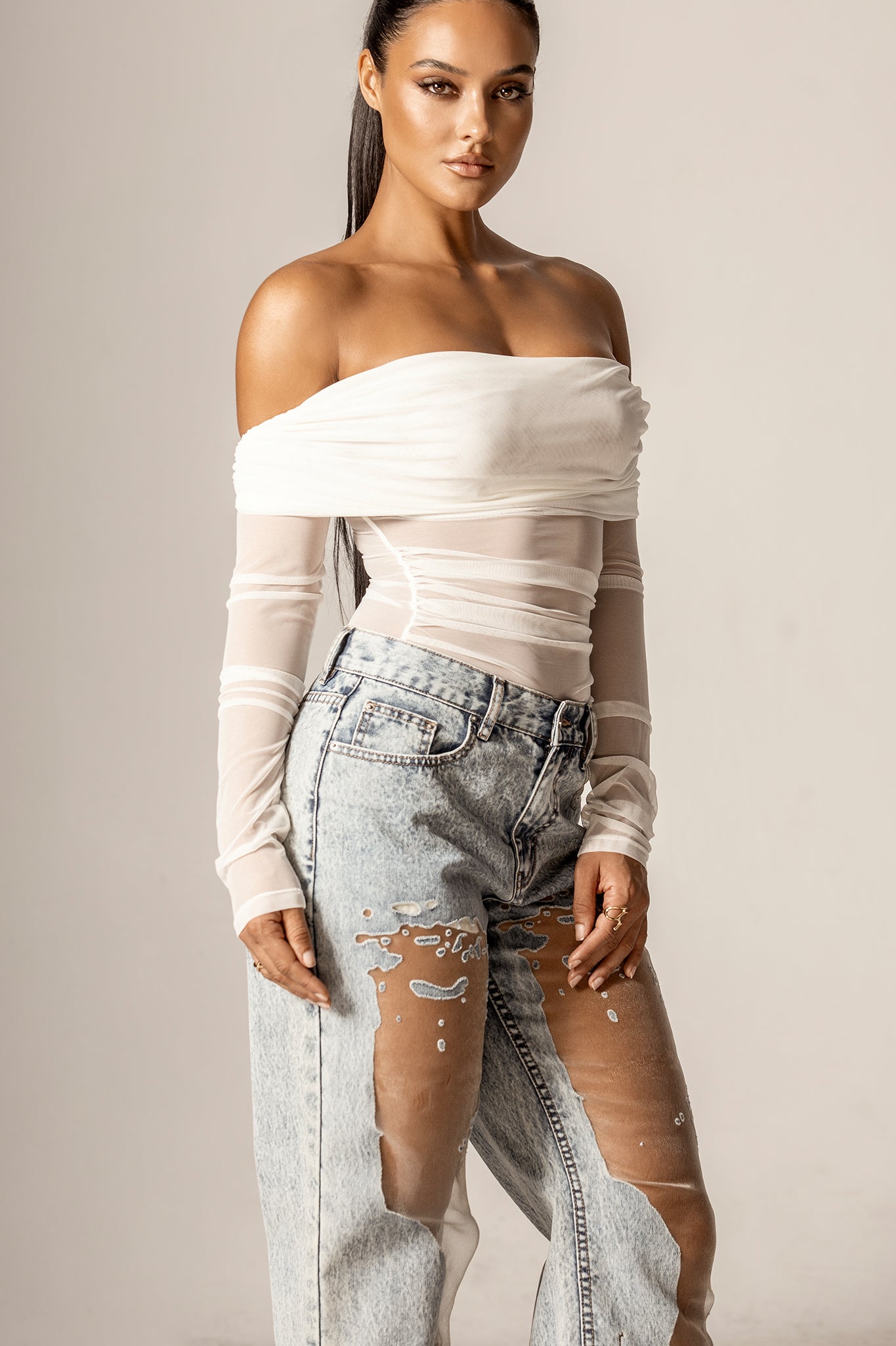 Regina Draped Off-Shoulder Mesh Top (Off White)