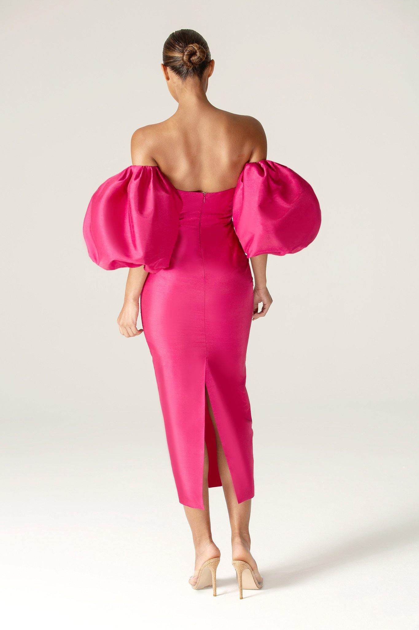 Tiffany Dupioni Puff Sleeve Maxi Dress (Hot Pink)