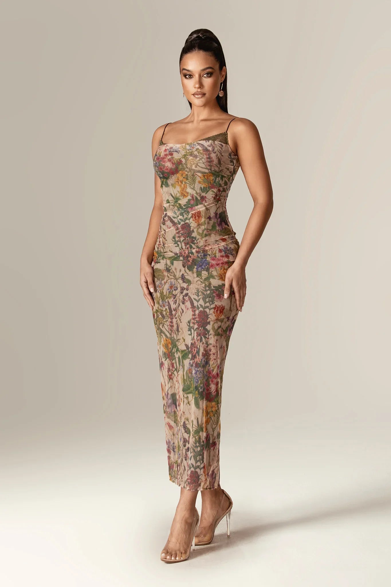 Evita Ruched Mesh Corset Maxi Dress (Garden Muse)