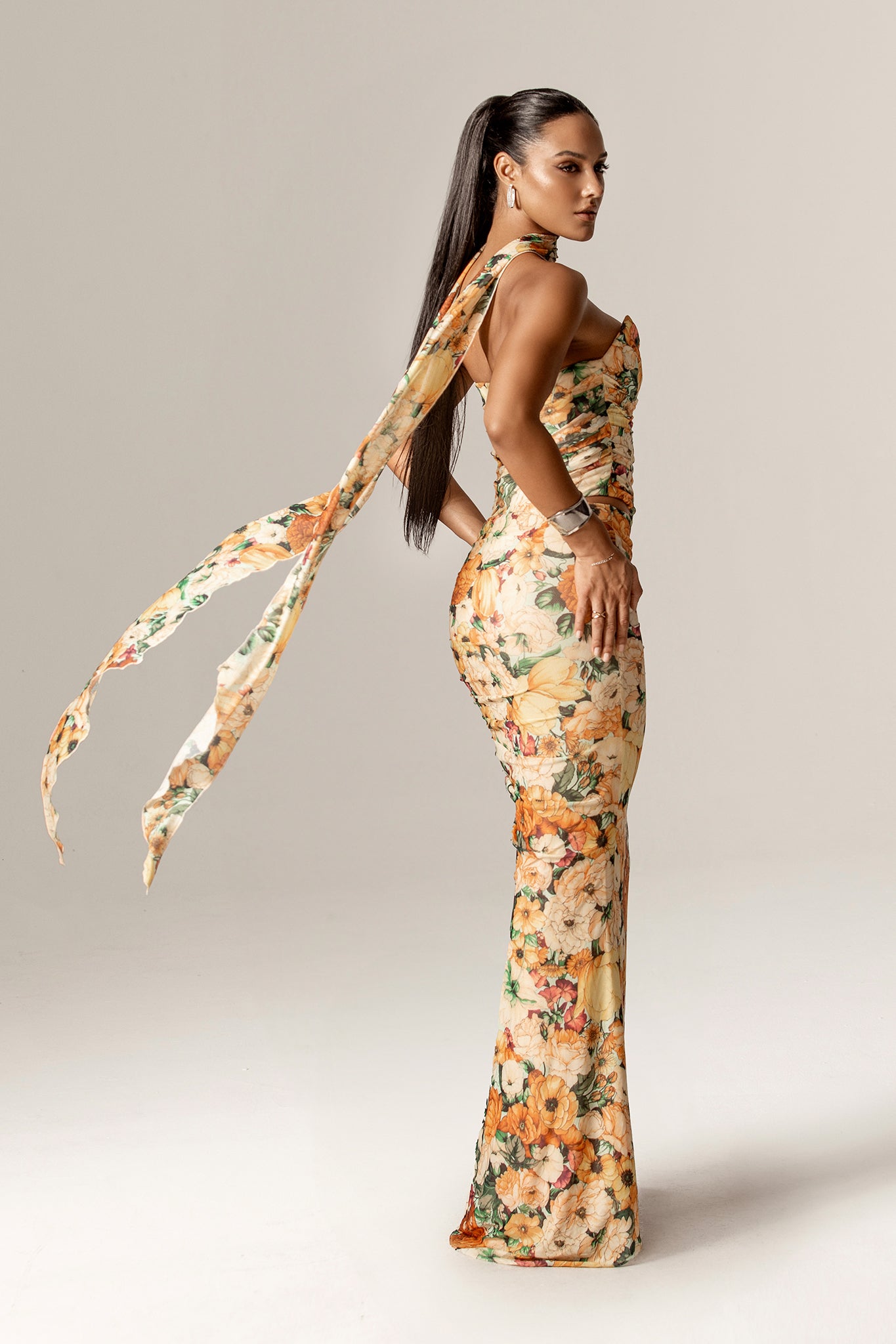 Elsa Ruched Mesh Corset with neck scarf (Sunburst Floral Print)