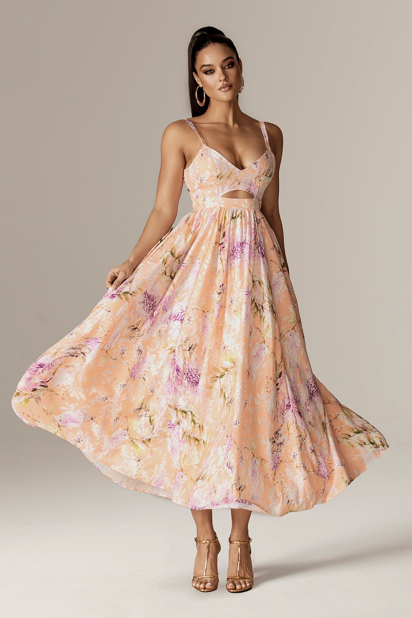 Sione Cutout Midi Dress (Coral Butterfly Meadow)