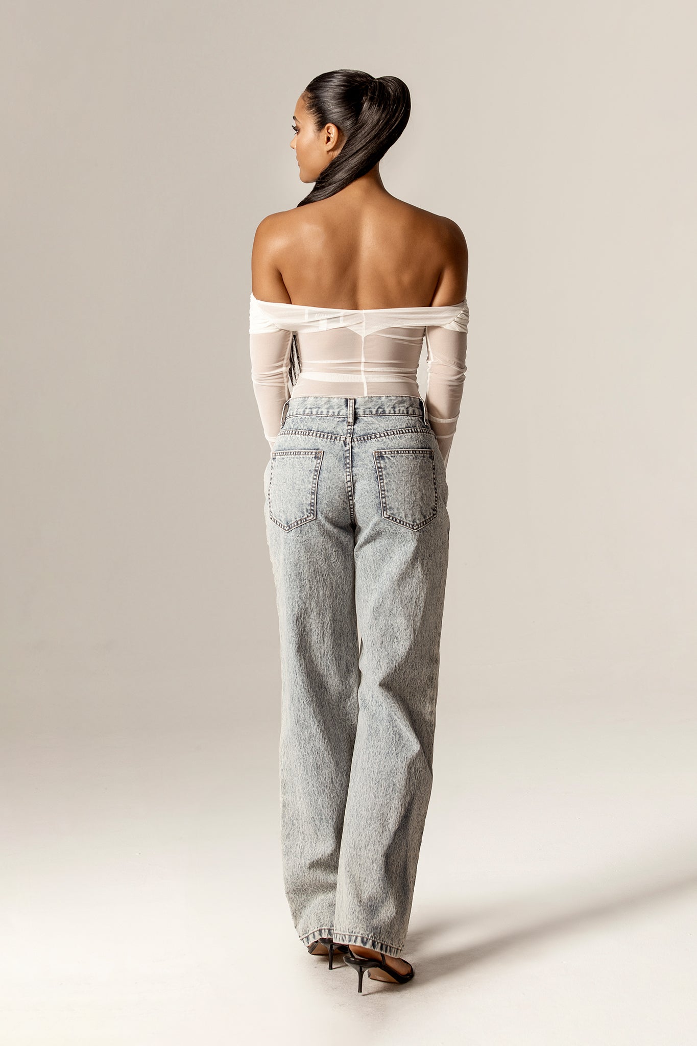 Regina Draped Off-Shoulder Mesh Top (Off White)