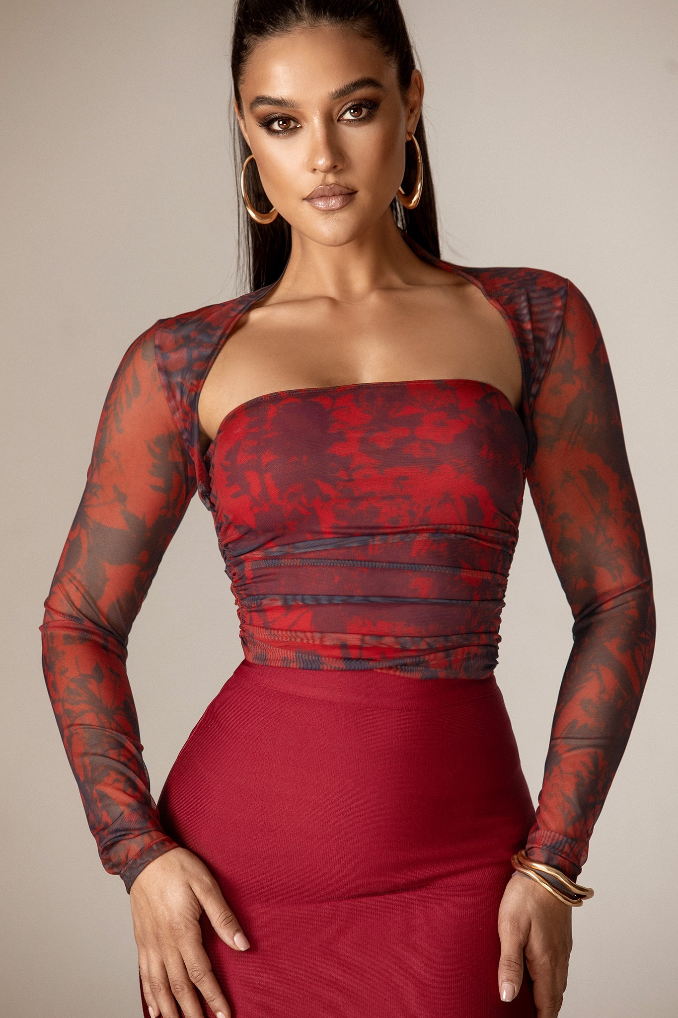 Agron Long Sleeves Mesh Top (Wine Burnout Floral)