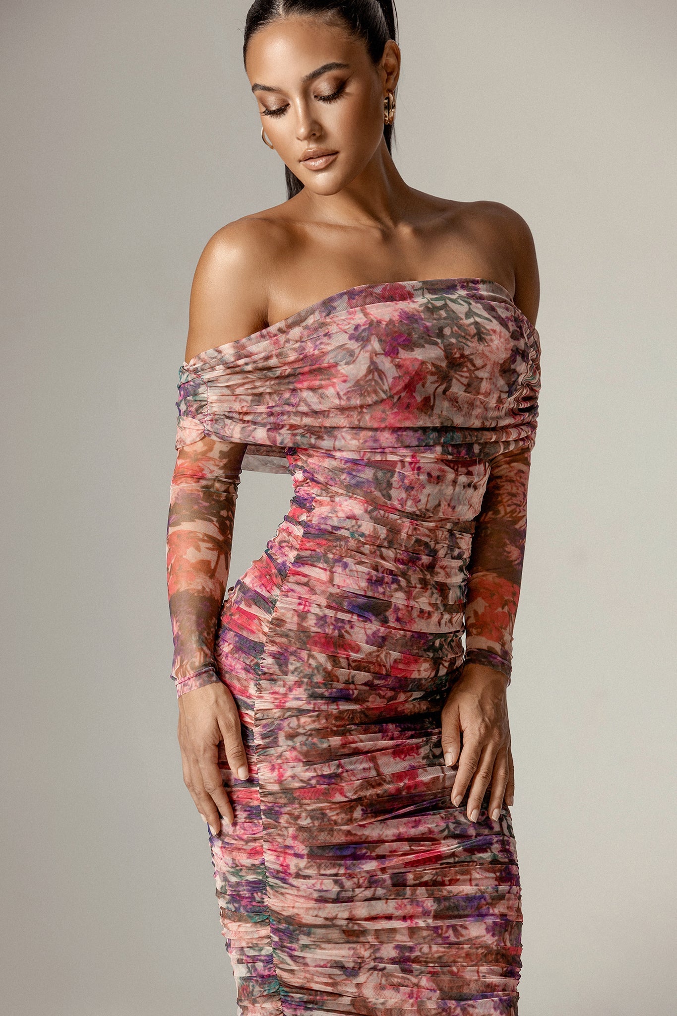 Hayley Off-Shoulder Mesh Midi Dress (Crimson Garden)