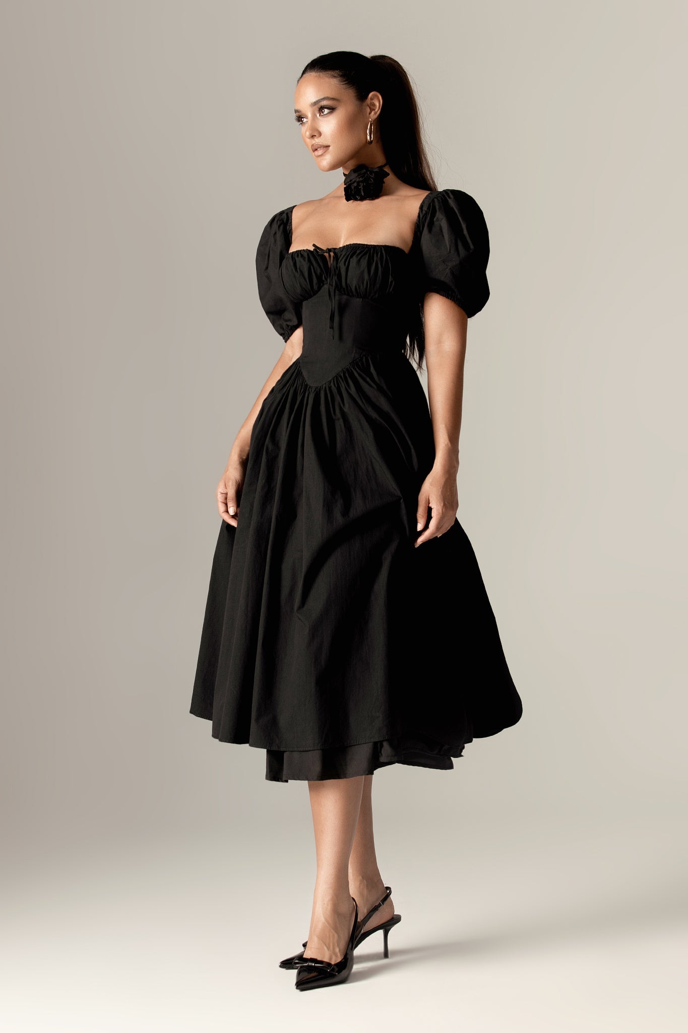 Lynette Cotton Bustier Midi Sundress (Black)