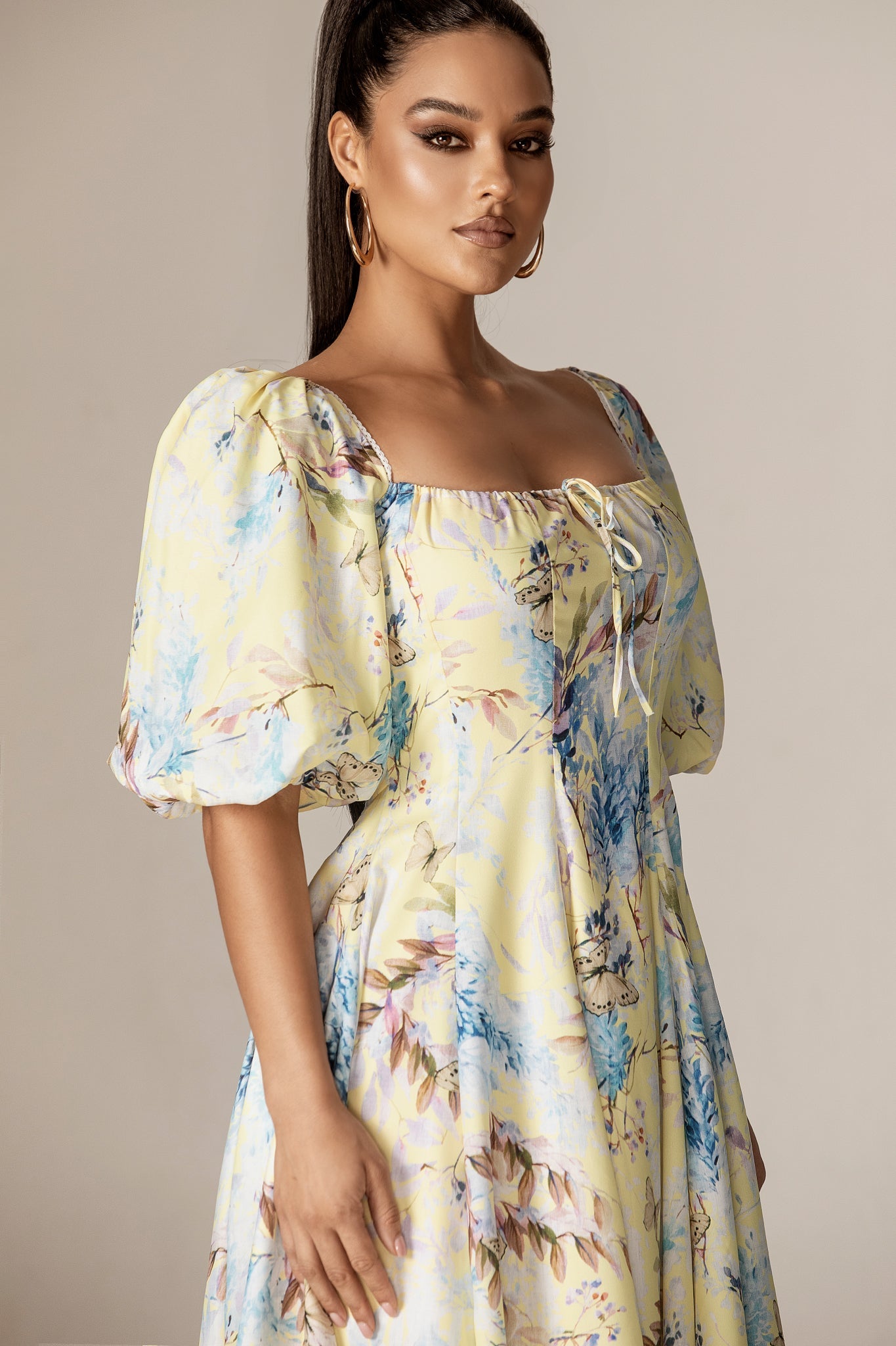 Daryl Crepe Puff Sleeves Midi Dress (Yellow Butterfly Meadow)