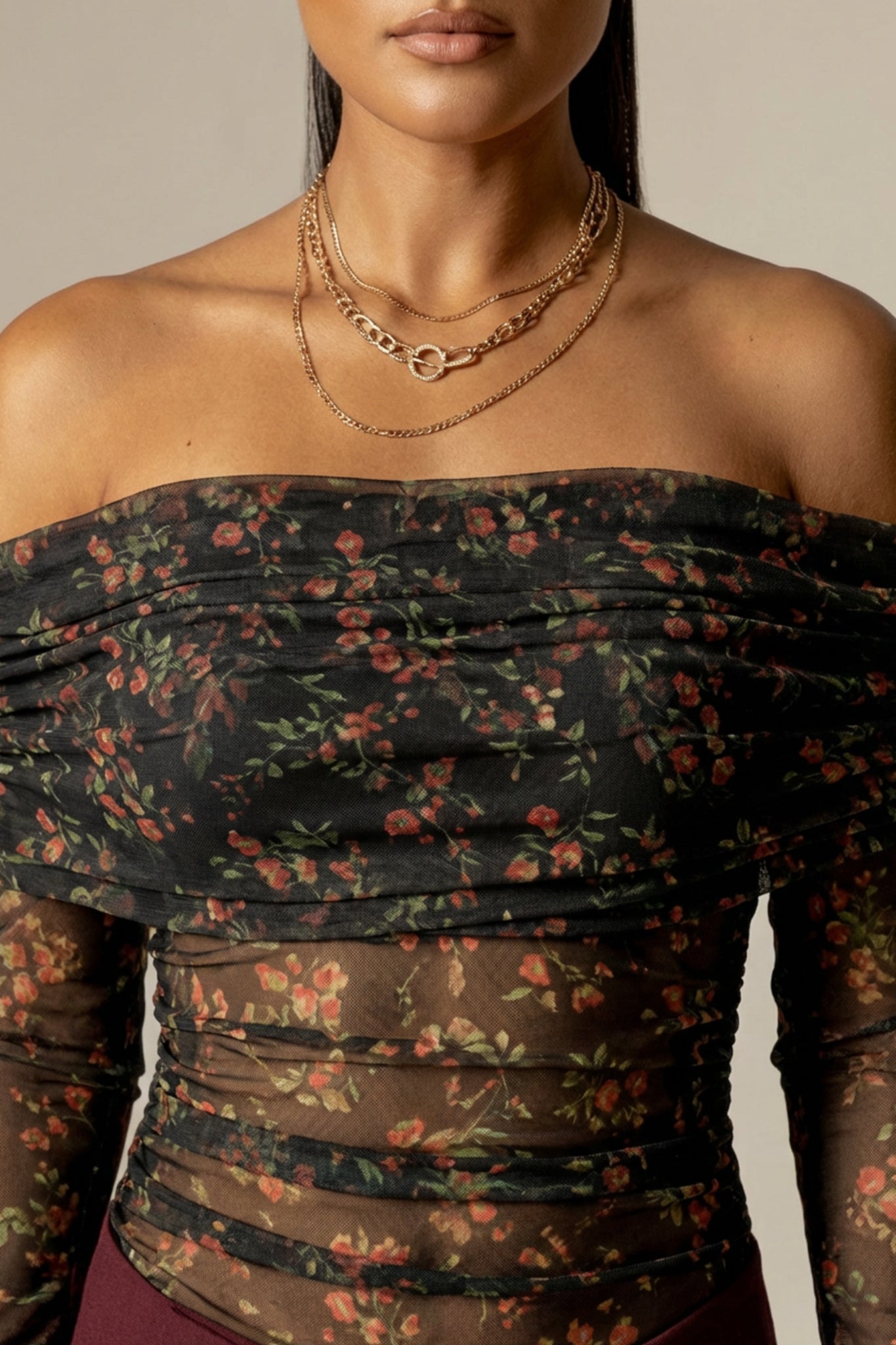 Regina Draped Off-Shoulder Mesh Top (Victorian Rose)