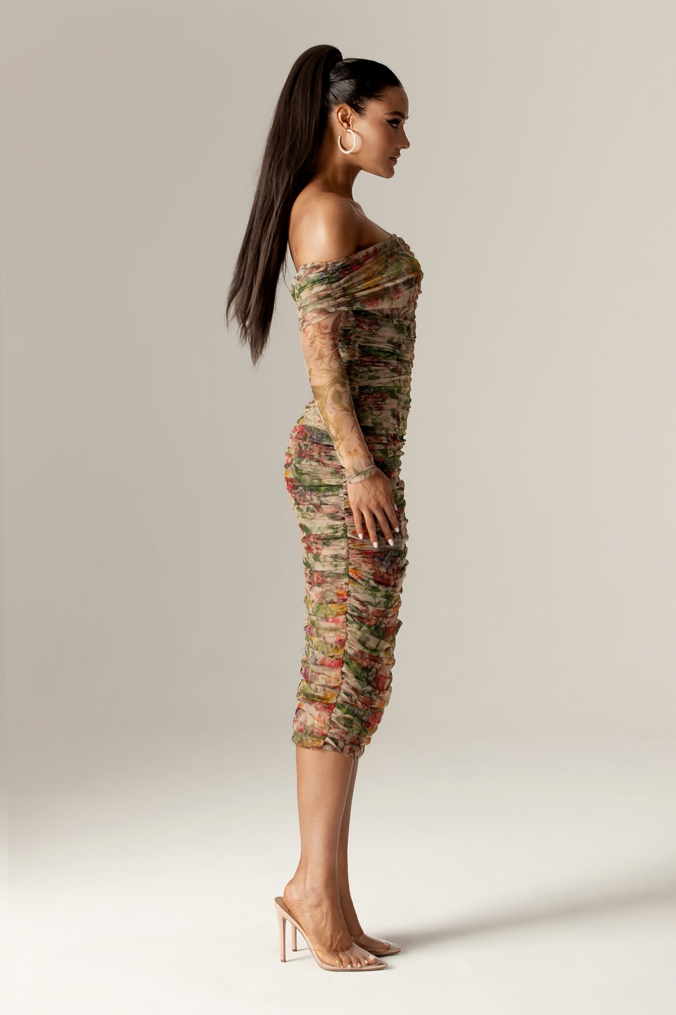Hayley Off Shoulder Midi Dress (Floral Print)