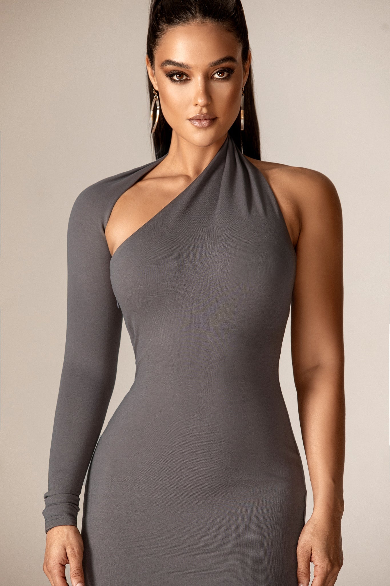 Dasha Asymmetrical Modern Midi Dress (Gray)