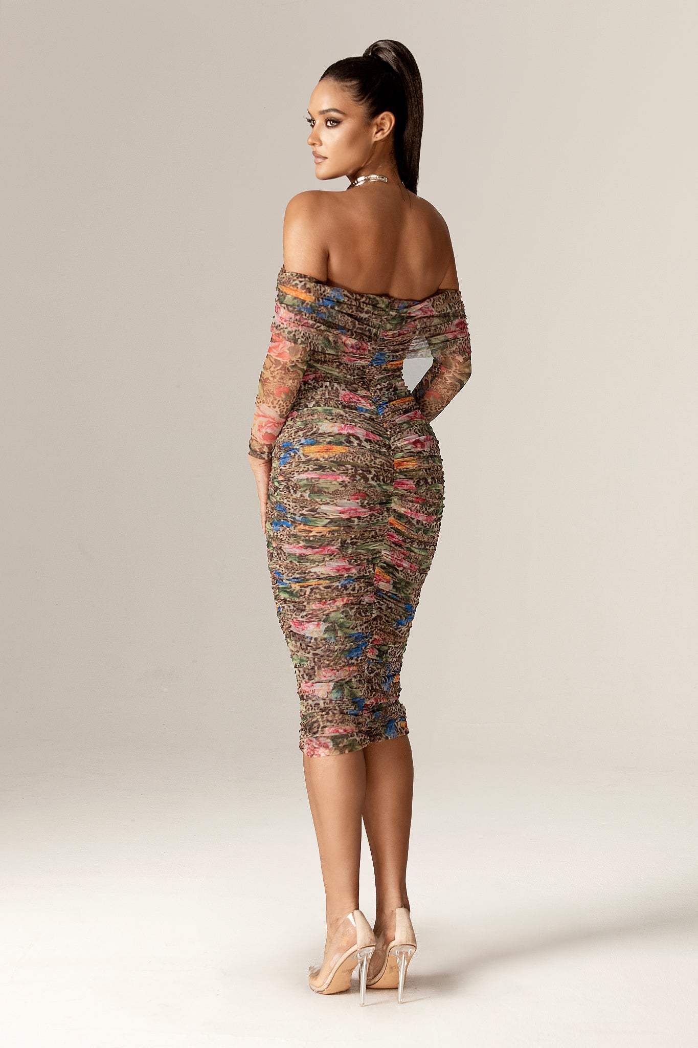 Hayley Off-Shoulder Mesh Midi Dress (Leopard's Peony)