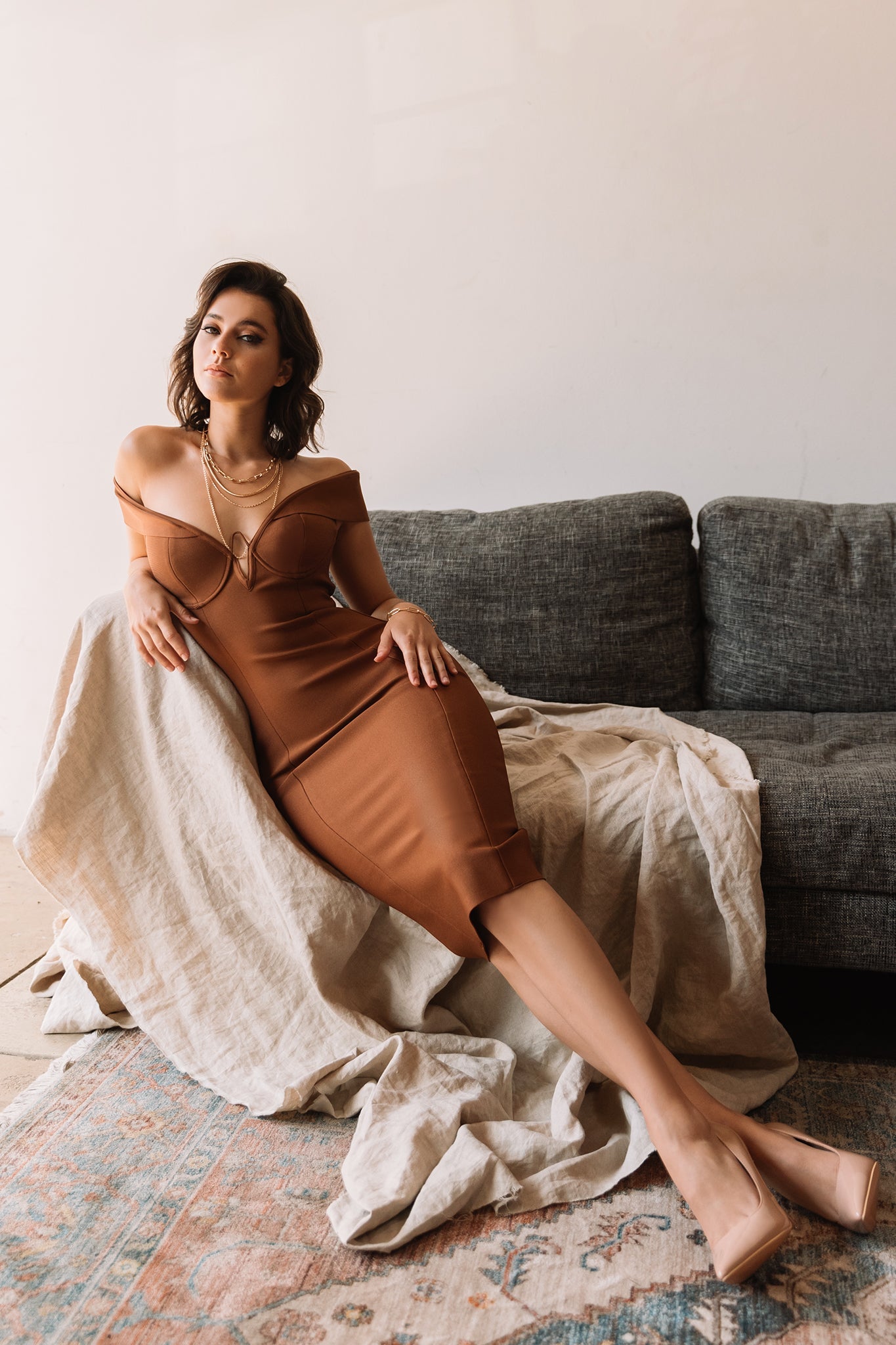 Jade Off-Shoulder Bandage Dress (Tawny Brown)