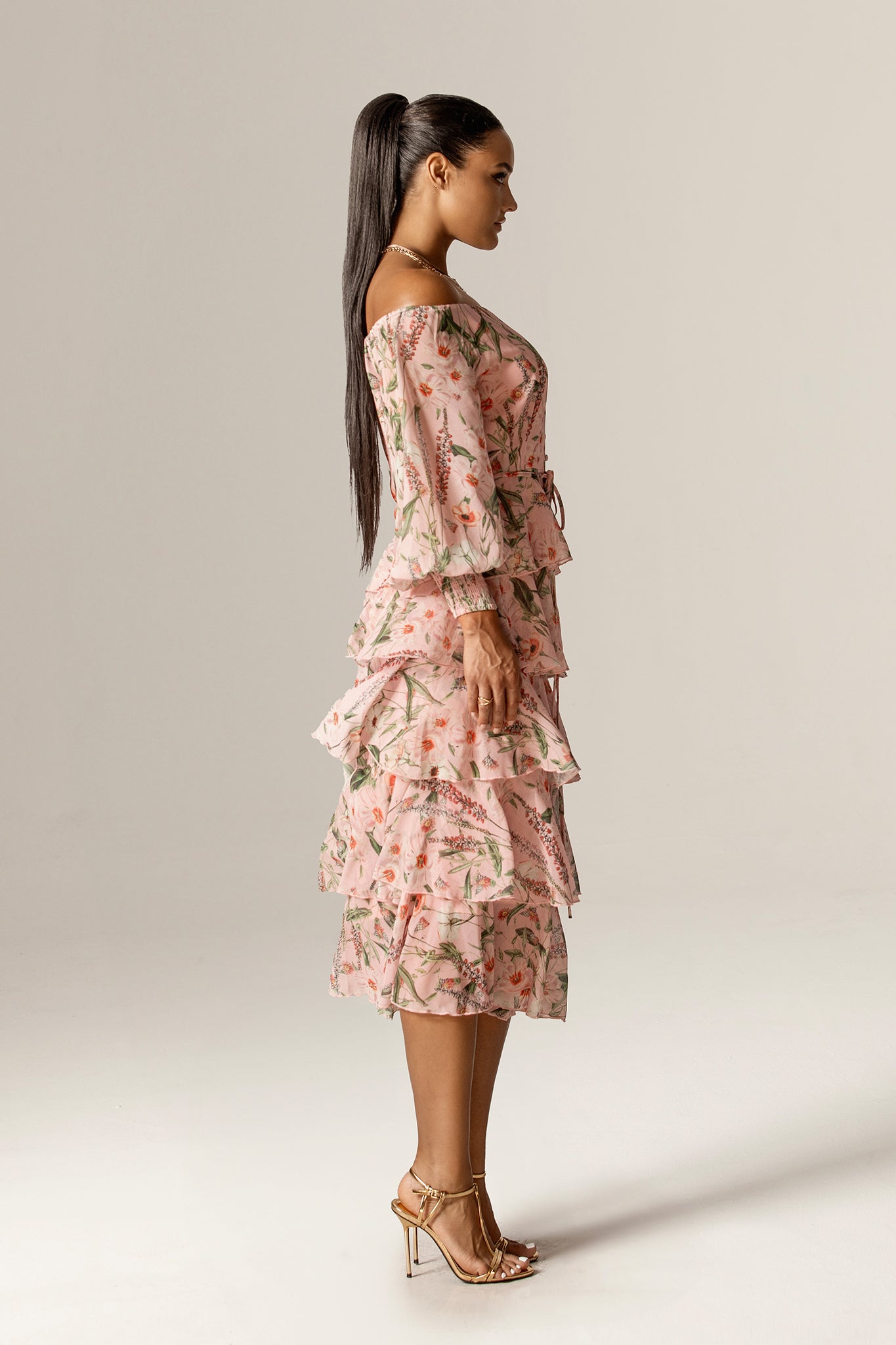 Dorra Off-Shoulder Floral Georgette Chiffon Midi Dress (Rosy Meadow)