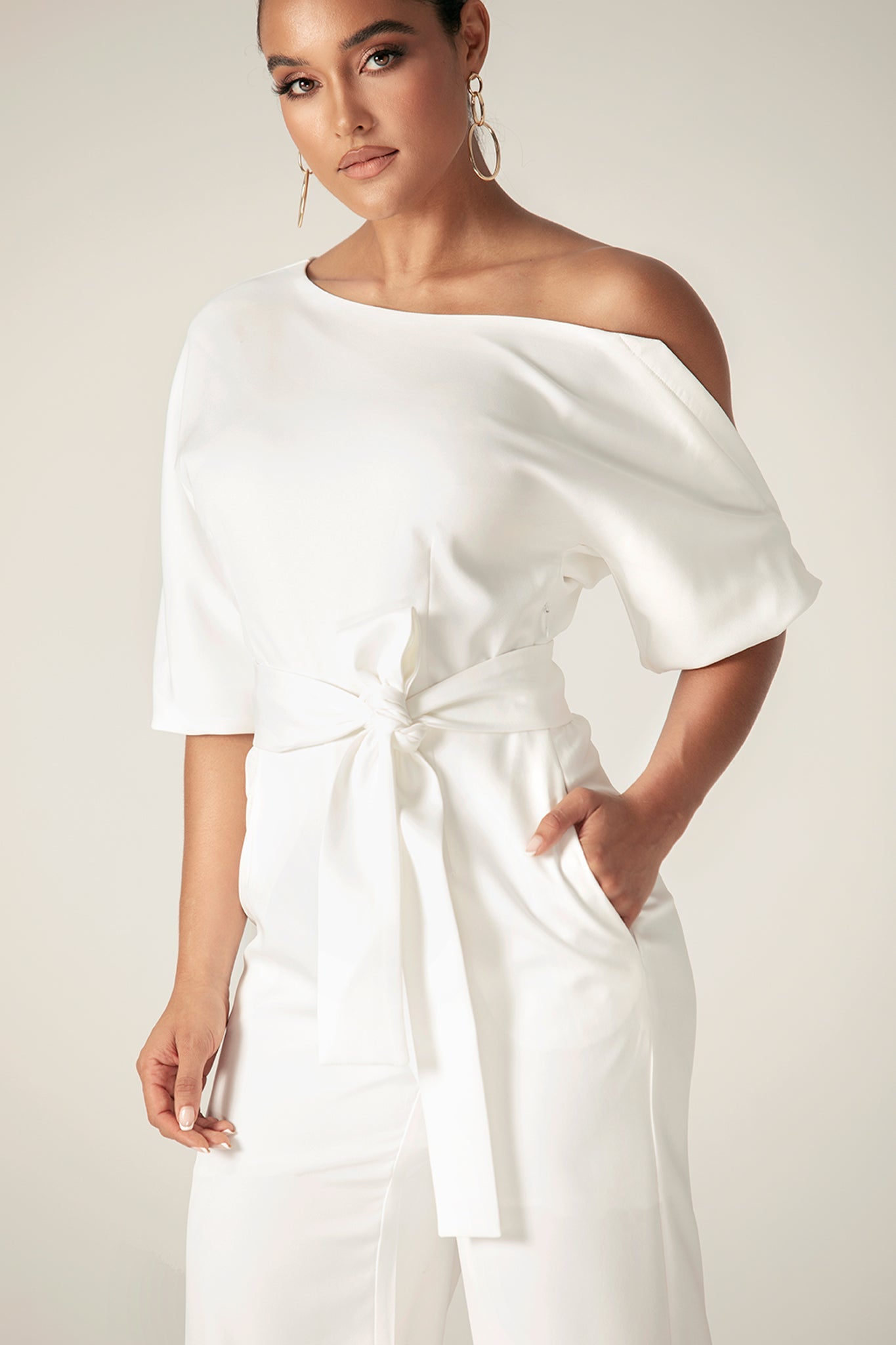 Ana Off Shoulder Belted Jumpsuit (Off White)