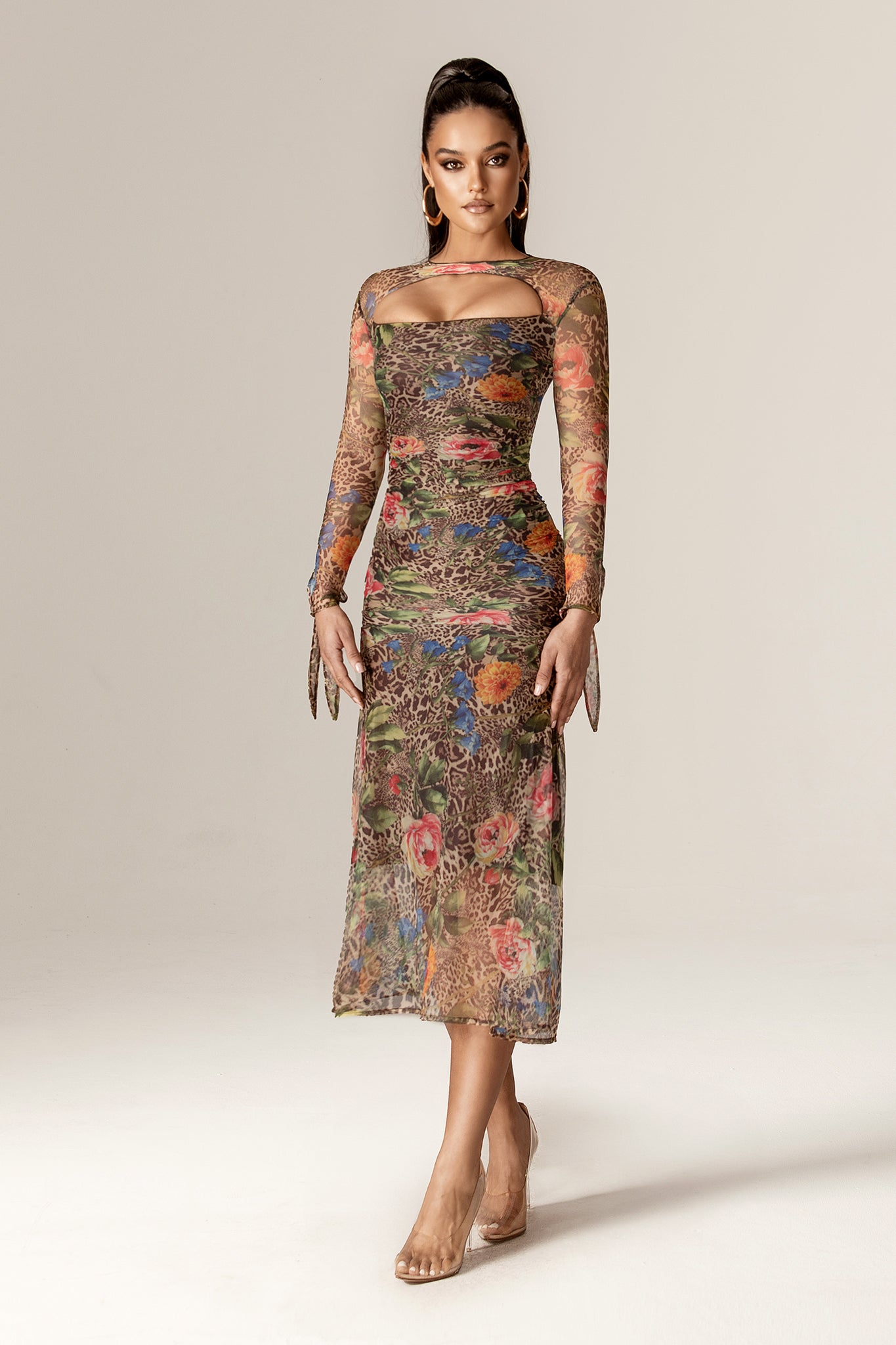 Noelle Mesh Cutout Midi Dress (Leopard's Peony)