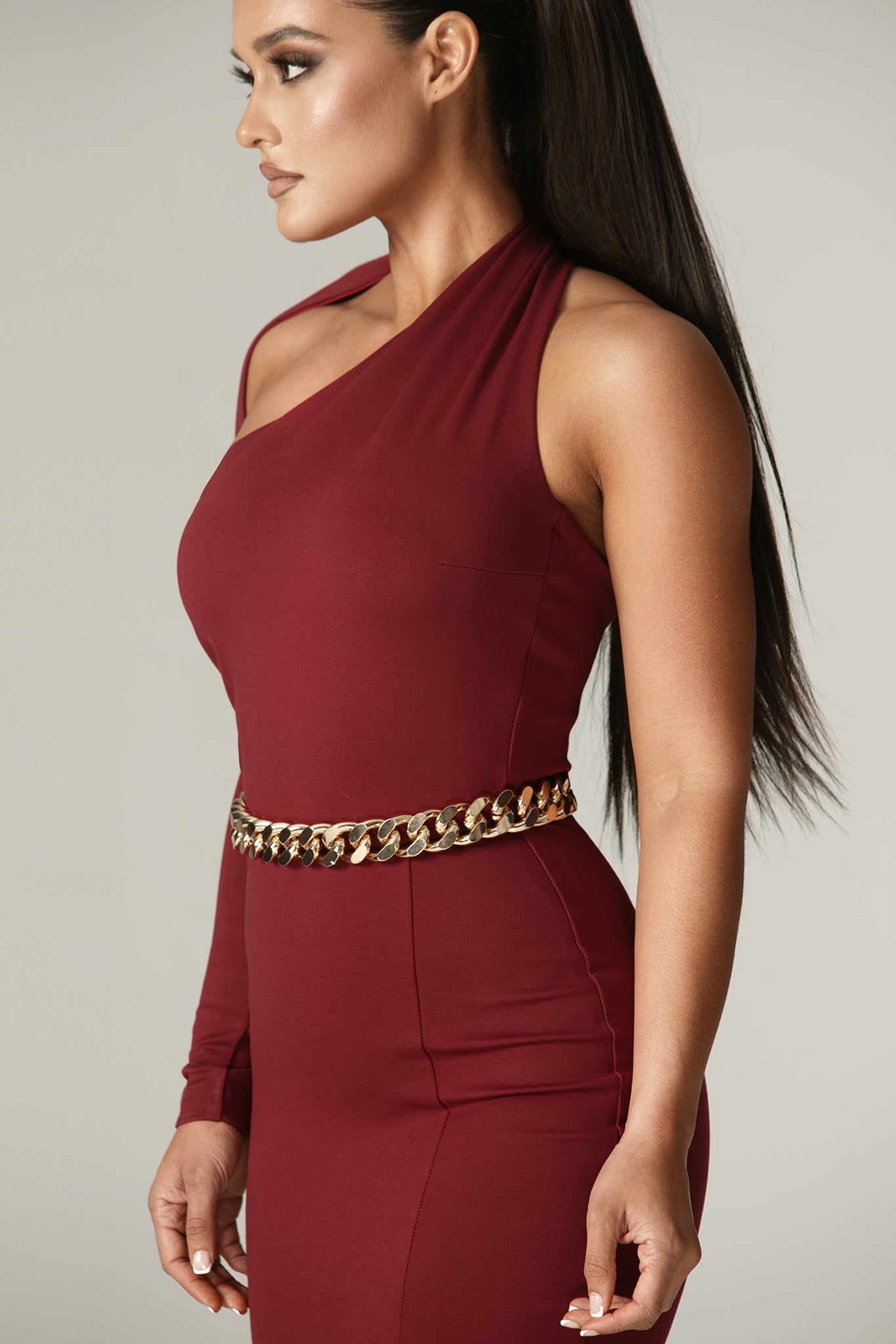 Lilux One Shoulder Modern Maxi Dress (Maroon)