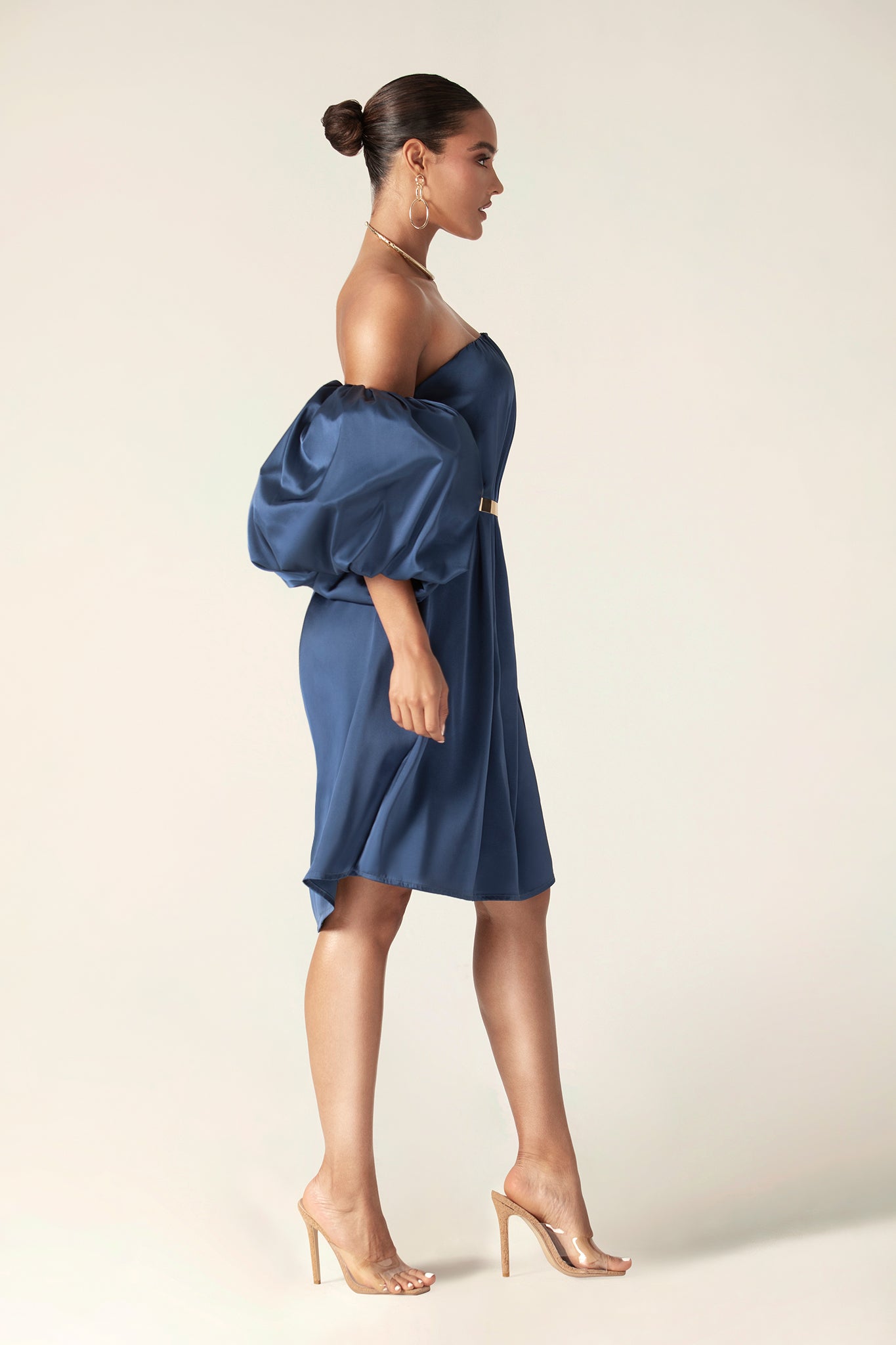 Ella Puff Sleeve Satin Midi Dress (Navy Blue)