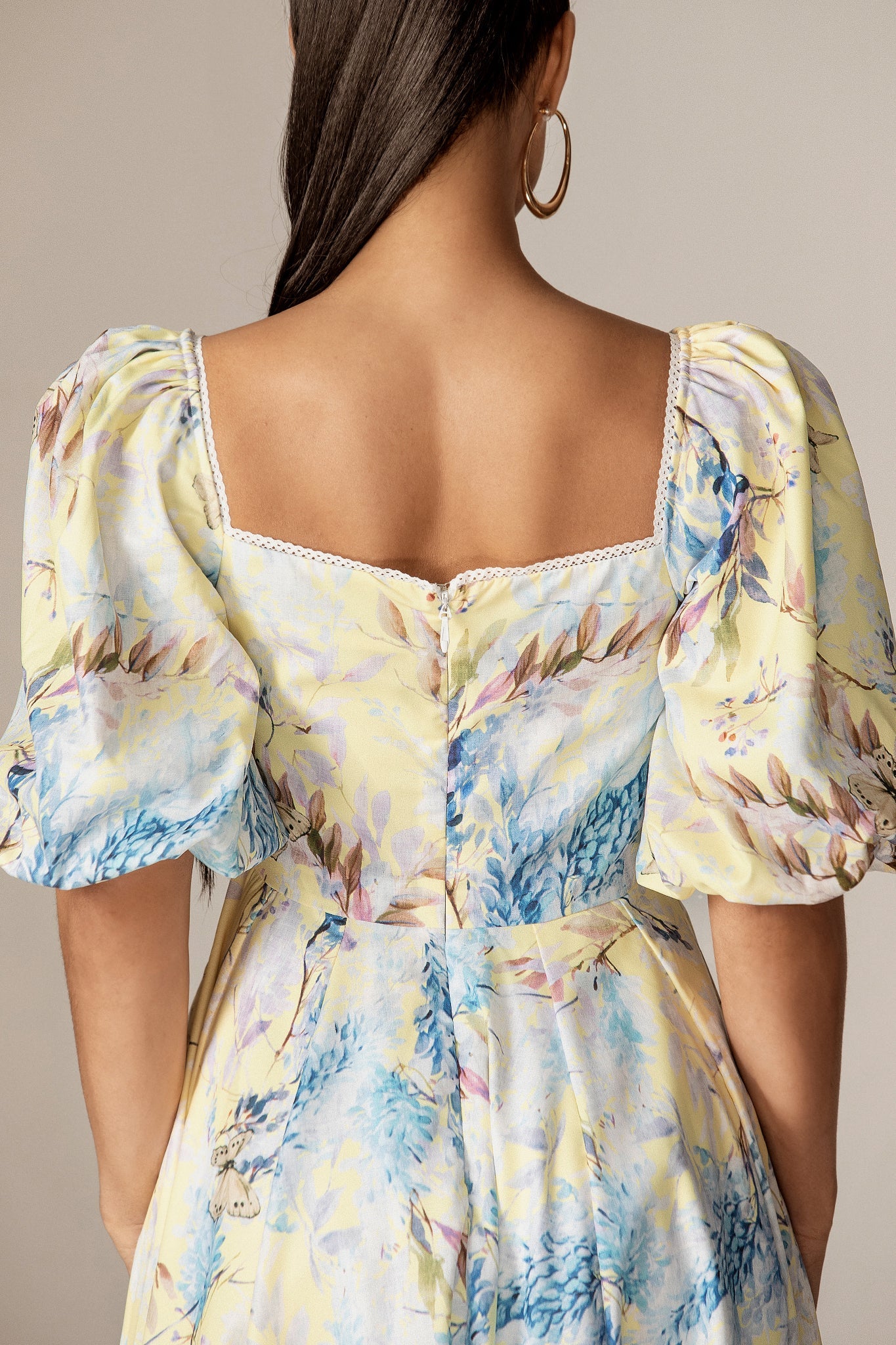 Daryl Crepe Puff Sleeves Midi Dress (Yellow Butterfly Meadow)