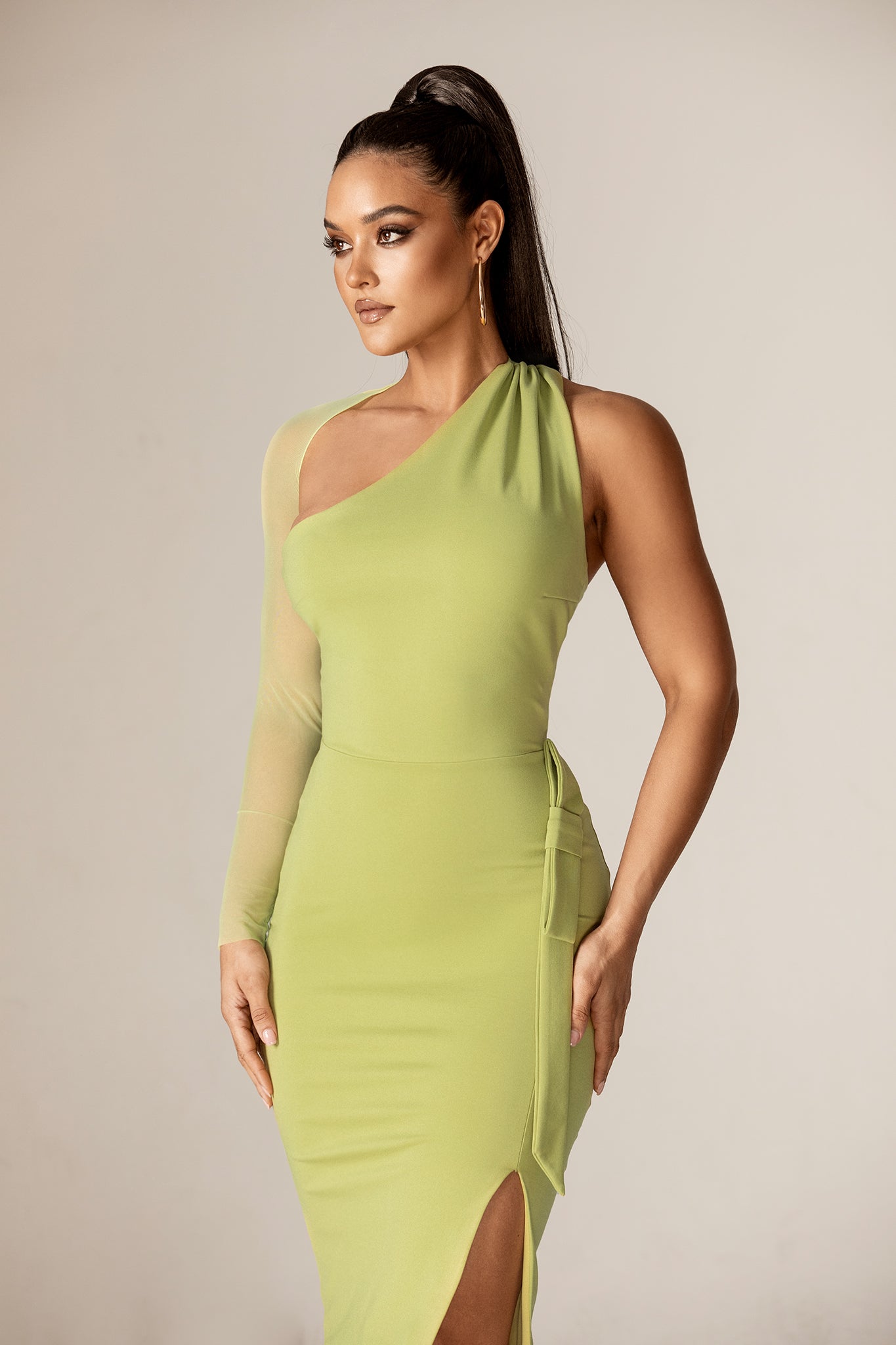 Oksana One Shoulder Ponte Midi Dress (Lime Green)
