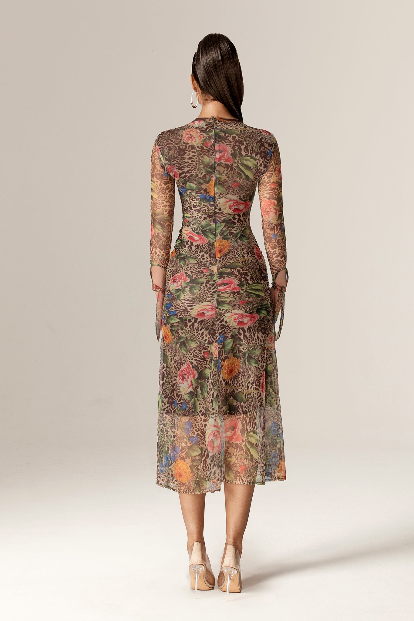 Noelle Mesh Cutout Midi Dress (Leopard's Peony)