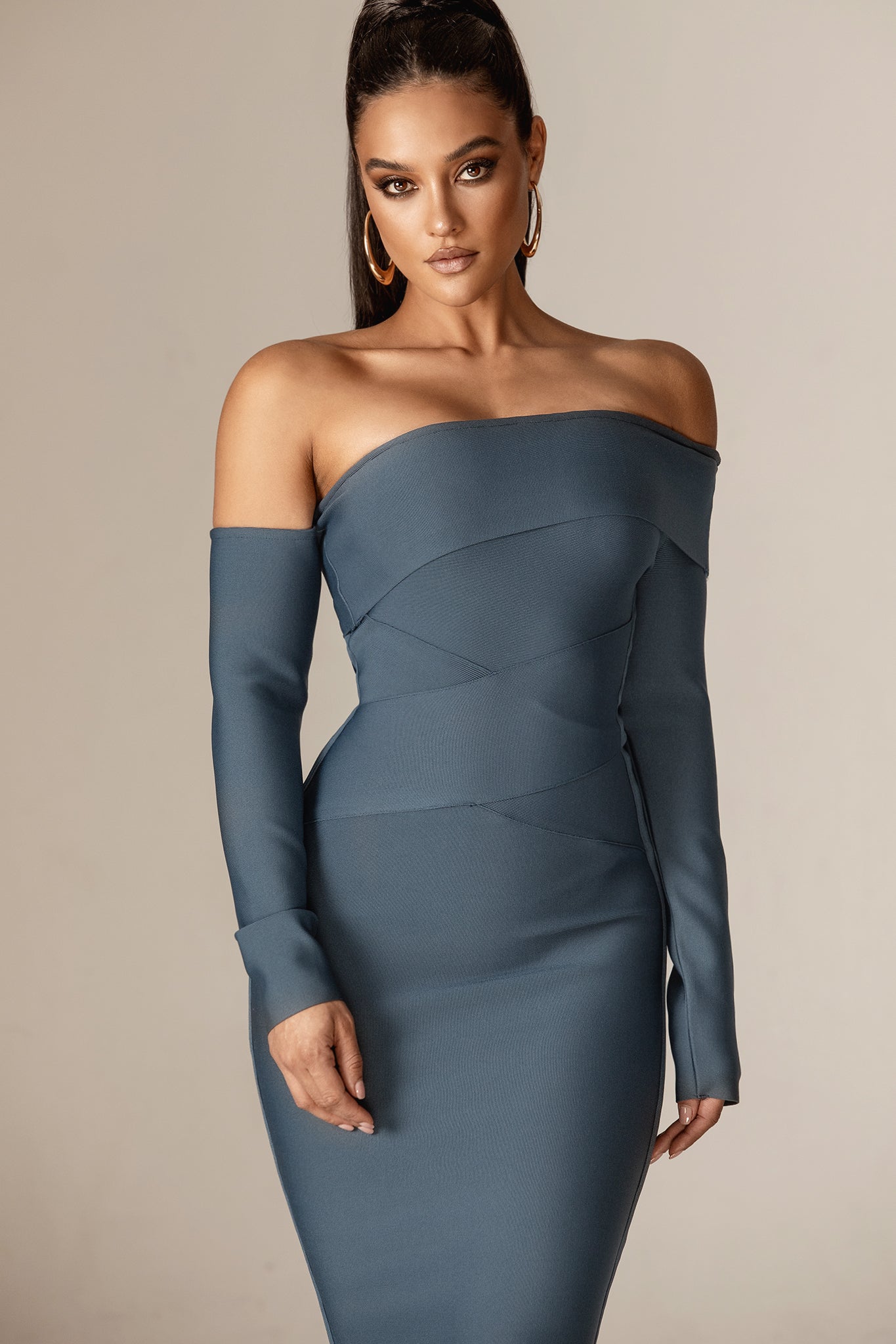 Shiva Off-Shoulder Bandage Midi Dress (Blue Bayberry)