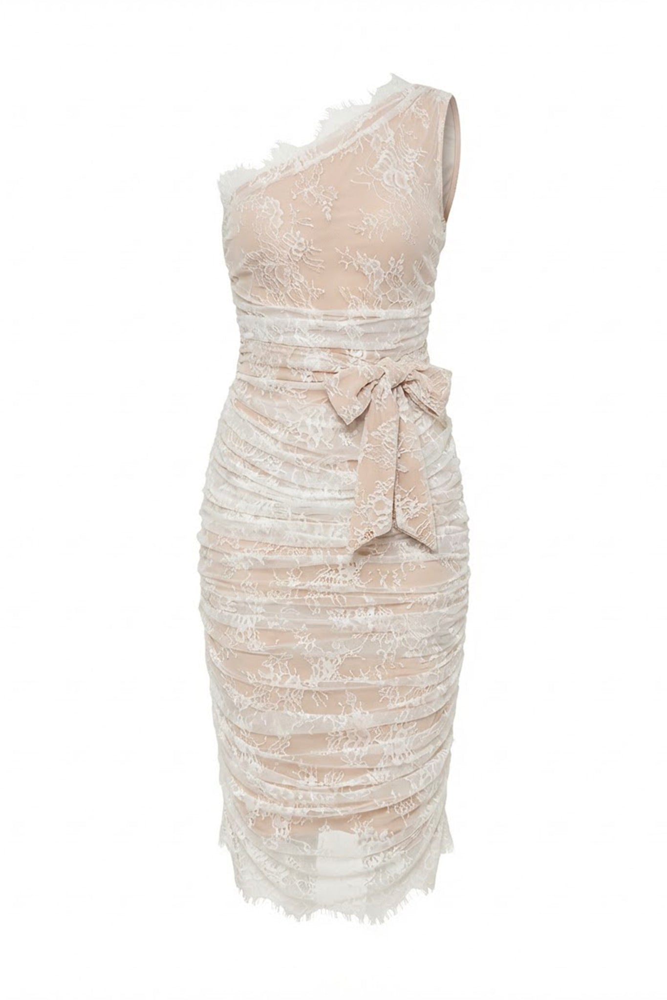 Fatima Lace Ruched Midi Dress (Off White)