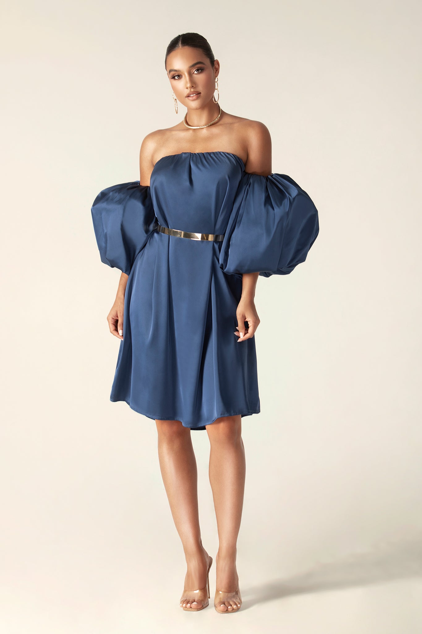 Ella Puff Sleeve Satin Midi Dress (Navy Blue)
