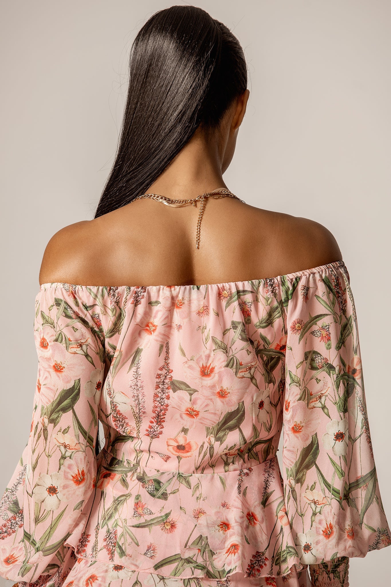 Dorra Off-Shoulder Floral Georgette Chiffon Midi Dress (Rosy Meadow)