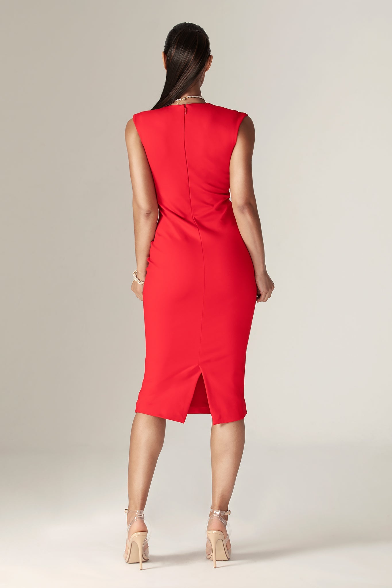 Lianna Deep Slit Neckline Dress (Red)