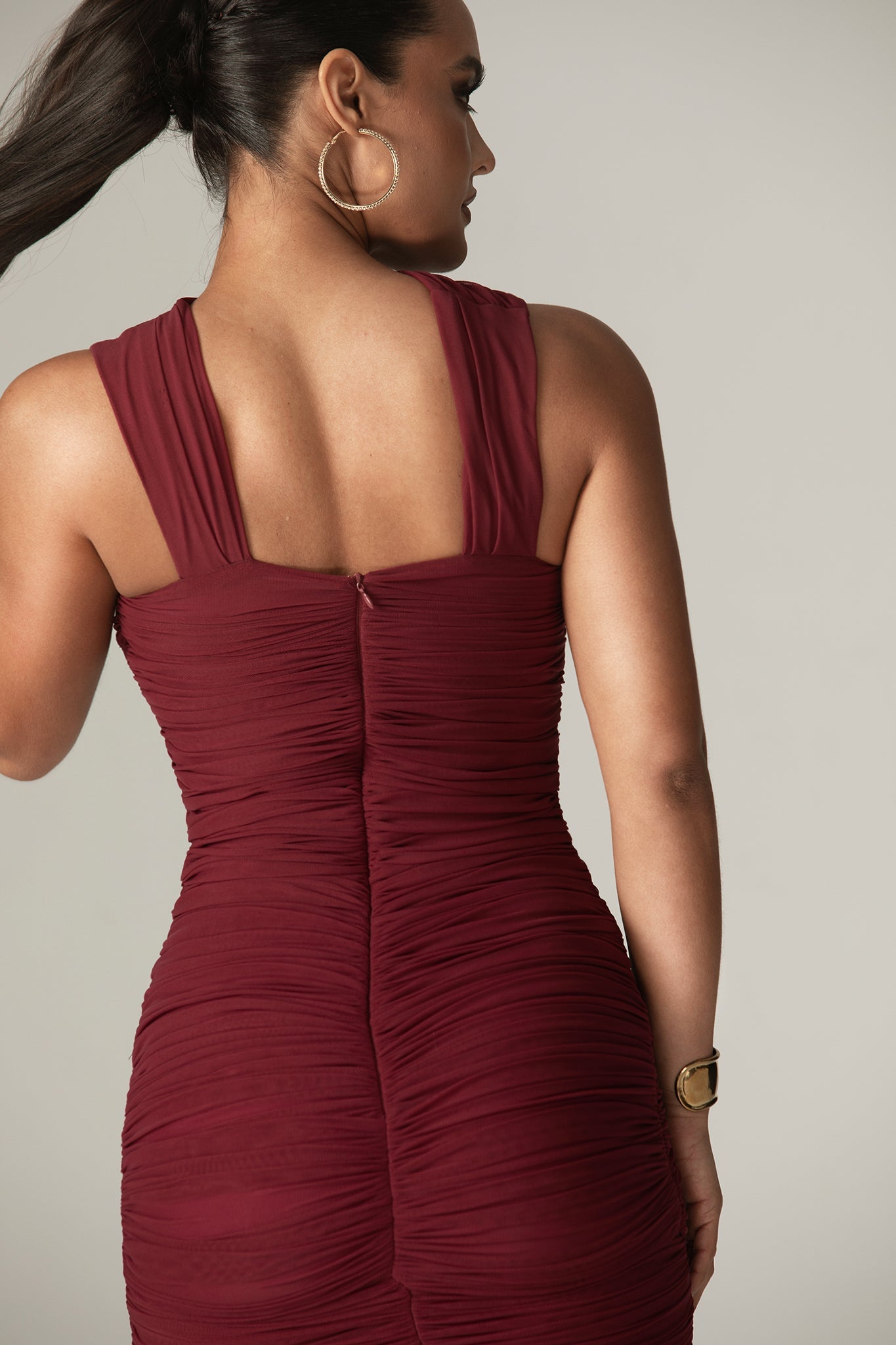 Bellucci Pleated Shawl Neckline Ruched Midi Dress (Burgundy)