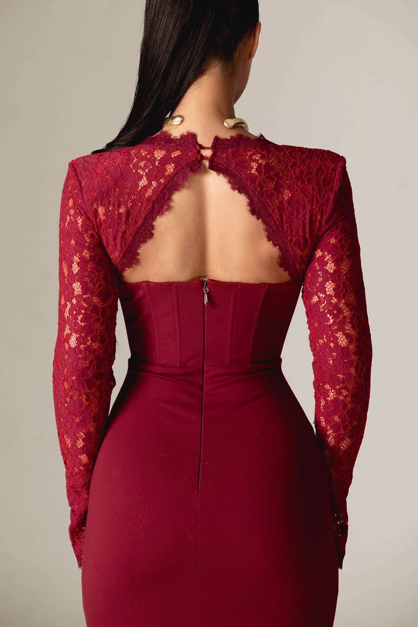 Elba Guipure Lace Corset Mini Dress (Maroon)