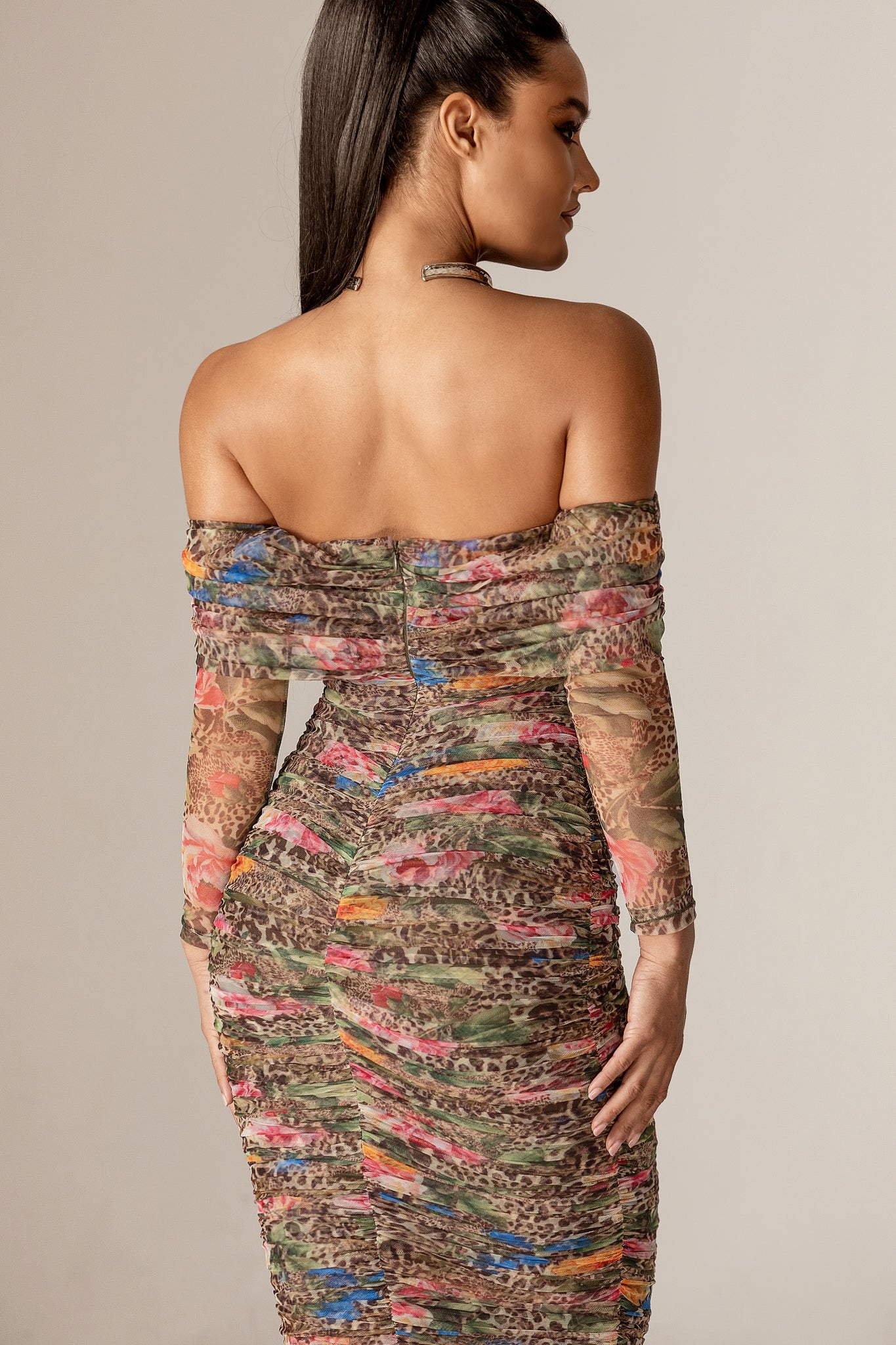 Hayley Off-Shoulder Mesh Midi Dress (Leopard's Peony)