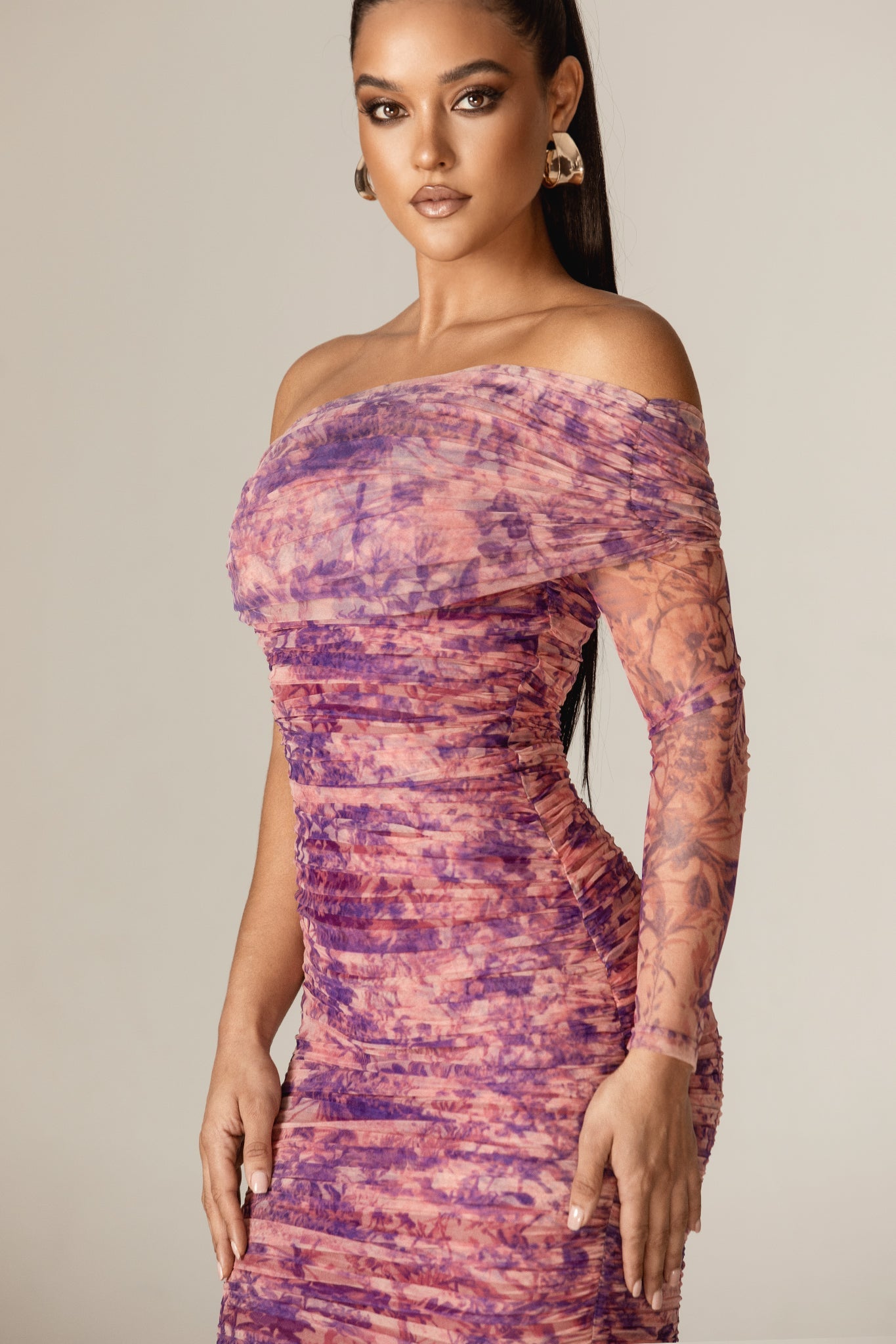 Heather One-Shoulder Mesh Midi Dress (Floral Abstract)