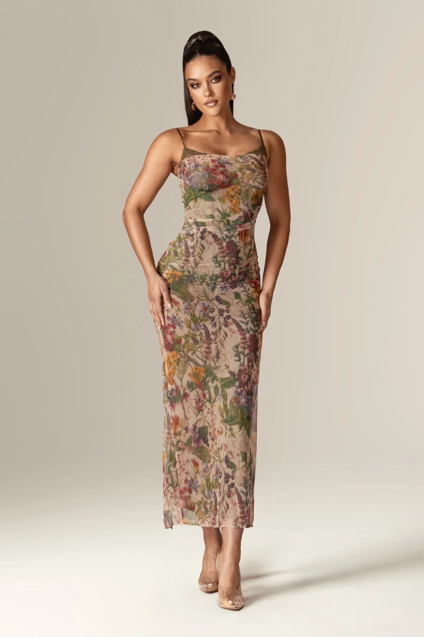 Evita Ruched Mesh Corset Maxi Dress (Garden Muse)