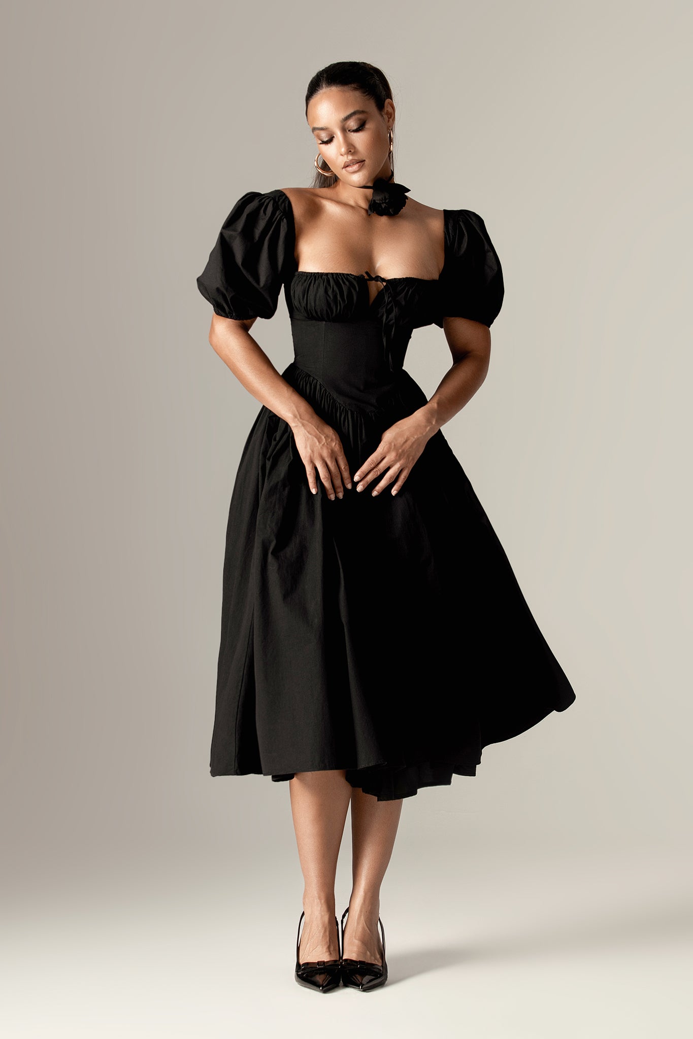 Lynette Cotton Bustier Midi Sundress (Black)