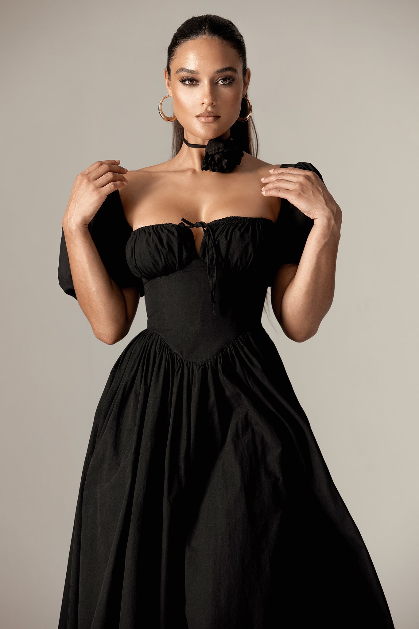 Lynette Cotton Bustier Midi Sundress (Black)