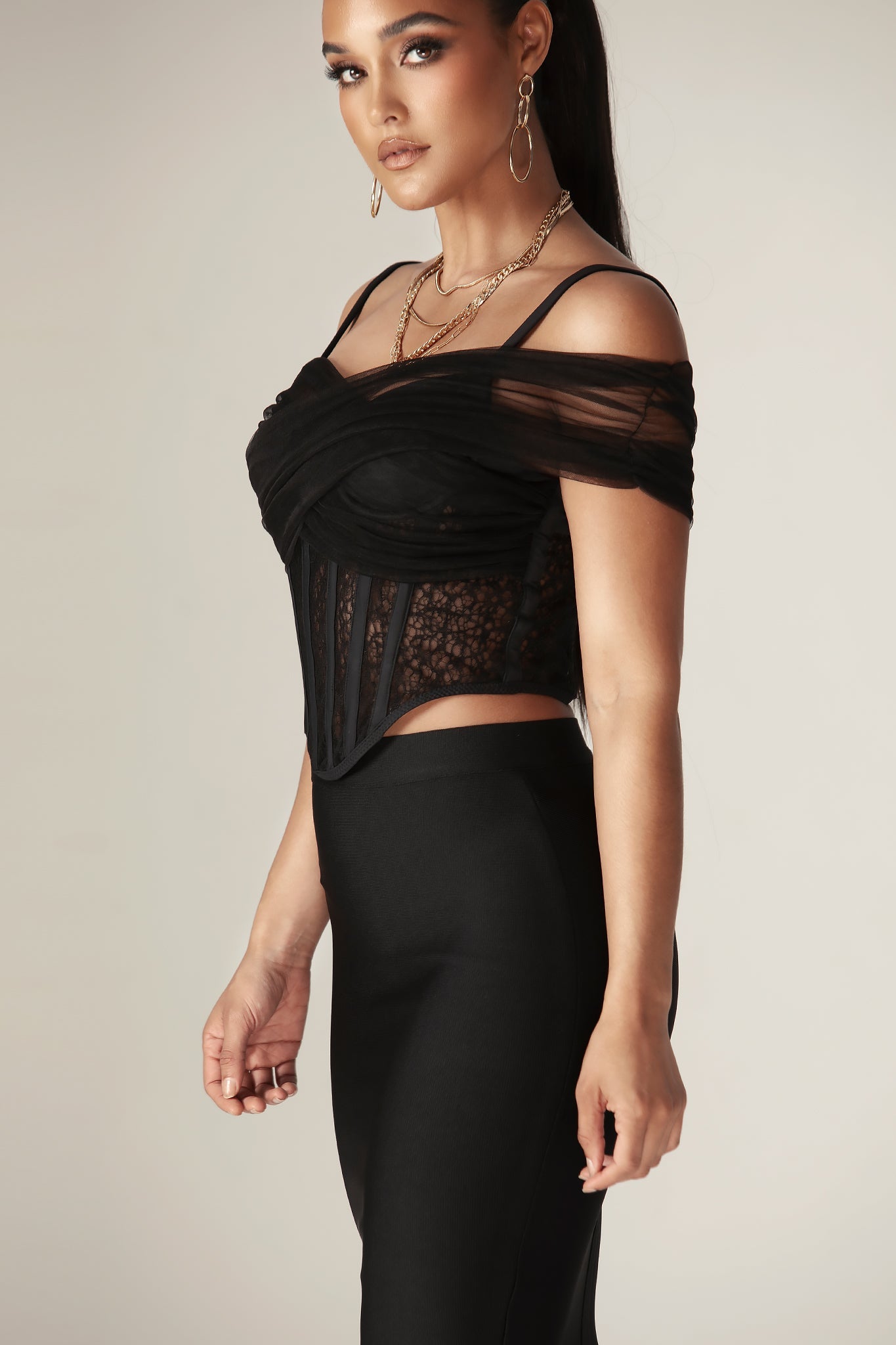 Paris Lace Off Shoulder Corset Top (Black)