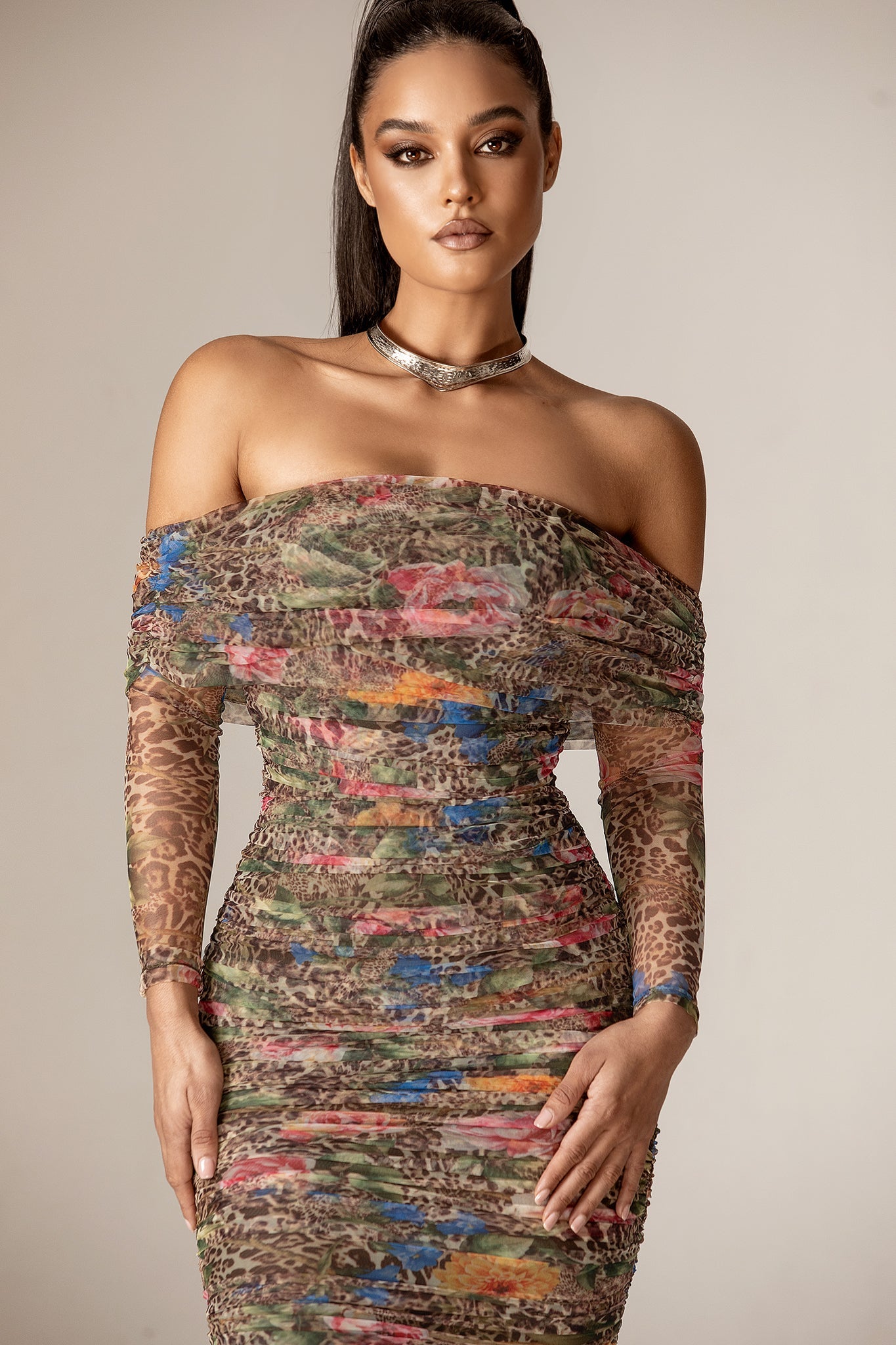 Hayley Off-Shoulder Mesh Midi Dress (Leopard's Peony)