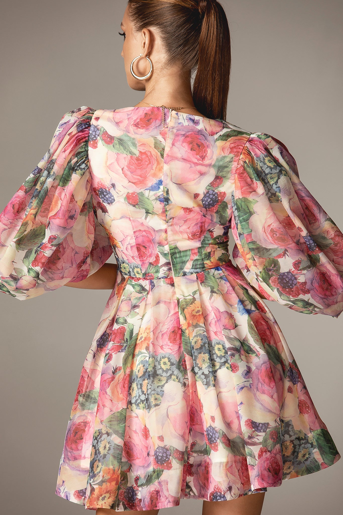 Wivory Bloom Rose Linen Organza Mini Dress (Rose Print)